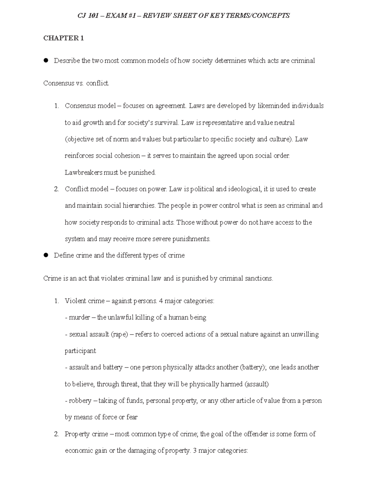 CJ 101 - Exam #1 Review Sheet: Key Terms and Concepts Analysis - Studocu