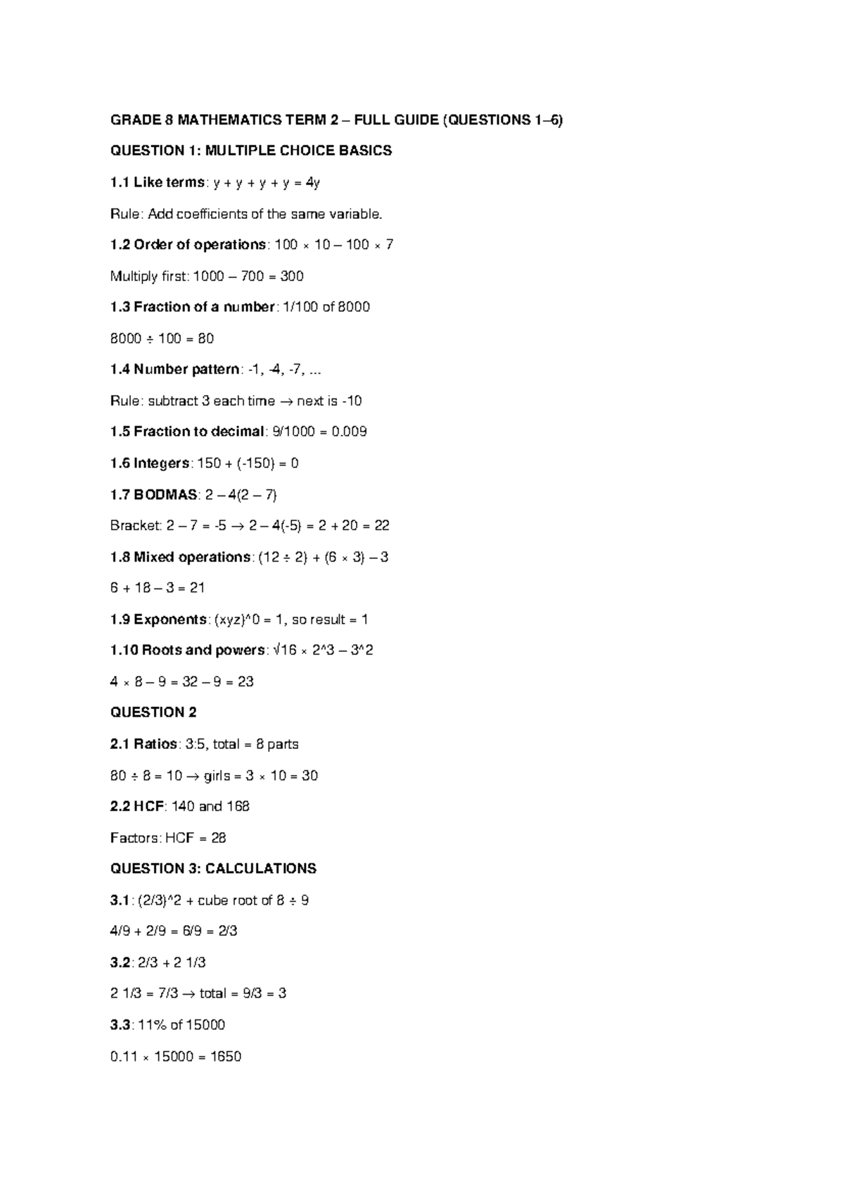 GRADE 8 MATHEMATICS TERM 2 FULL GUIDE: Q1 TO Q6 OVERVIEW - Studocu