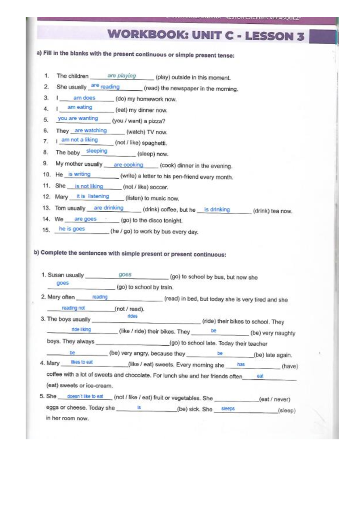 Unit C Lesson 3 Workbook: Present Continuous & Simple Present - Studocu