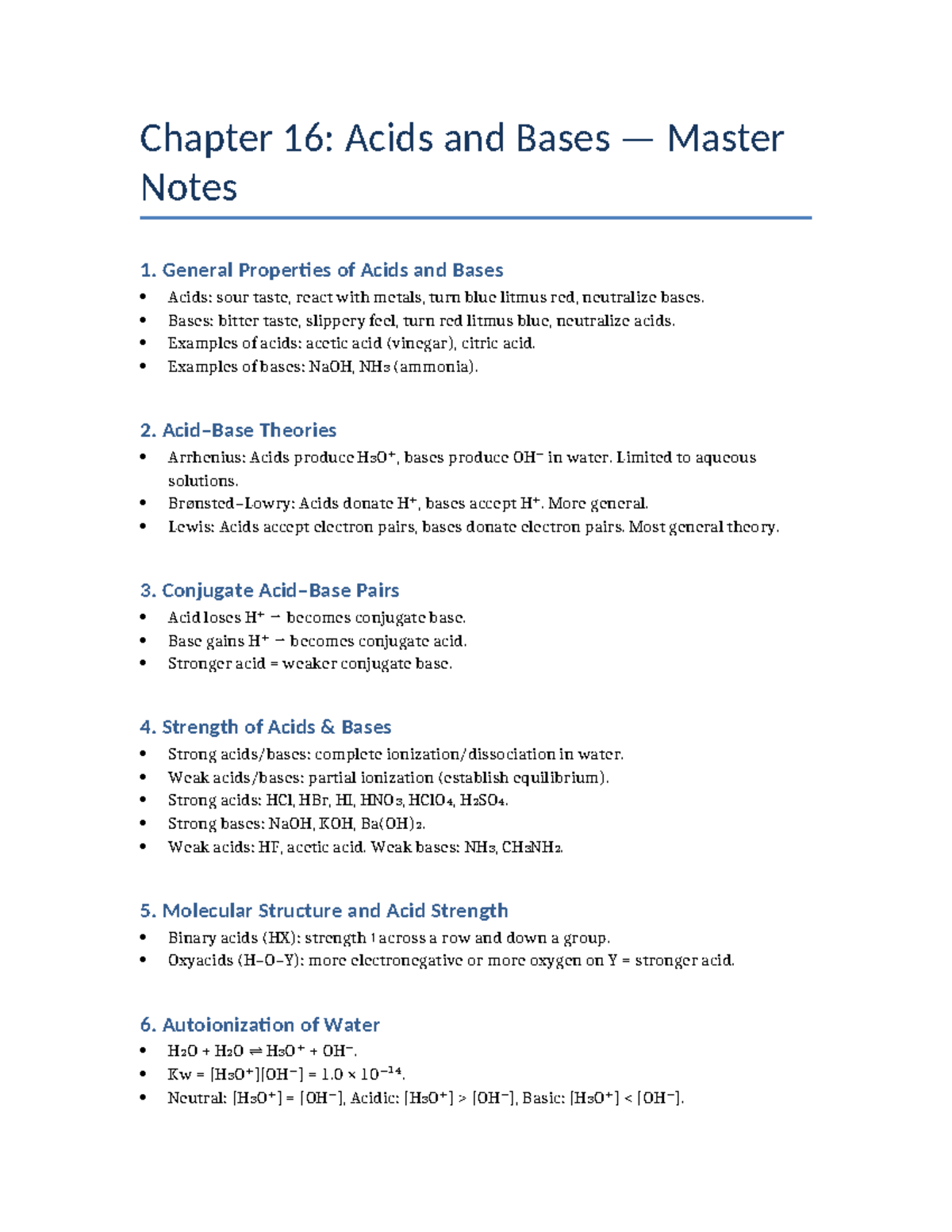 Chapter 16: Acids and Bases - Comprehensive Study Notes - Studocu