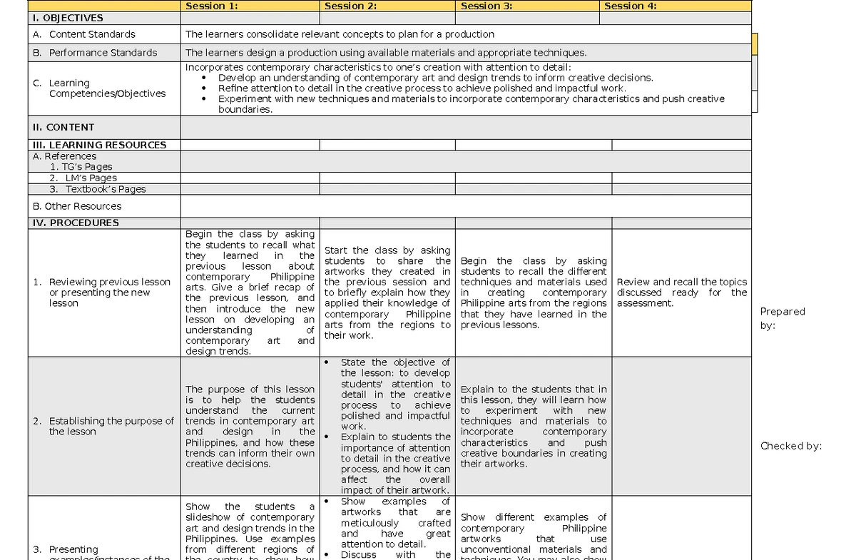 CPAR 12 Q1 WEEK 1: Daily Lesson Log on Contemporary Arts - Studocu