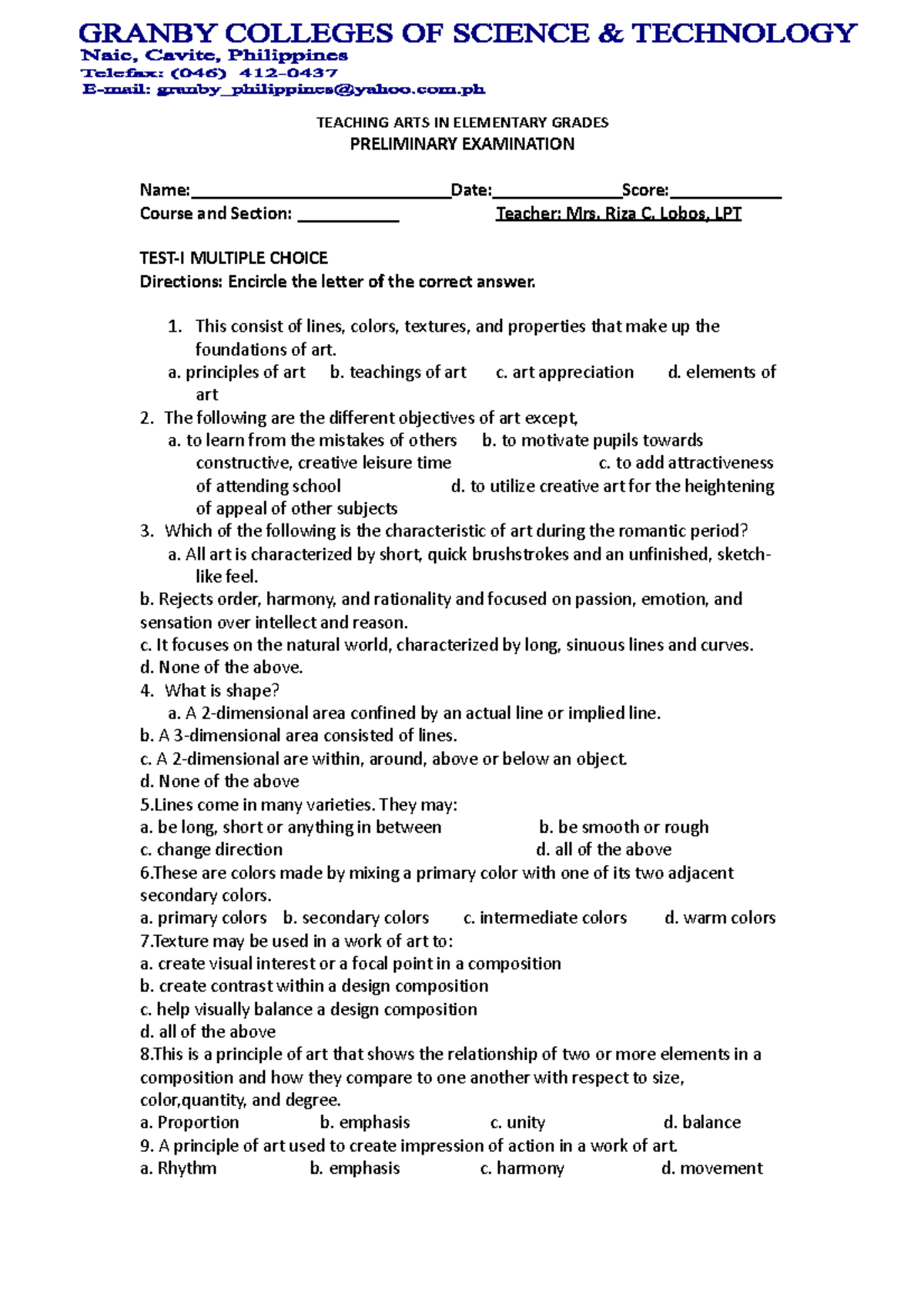 Teaching Arts in Elementary Grades - Prelim Exam Guidelines - Studocu