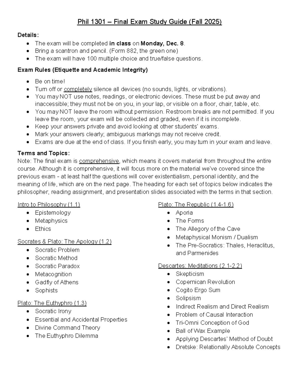 Phil 1301 – Final Exam Study Guide (Fall 2025) - Studocu
