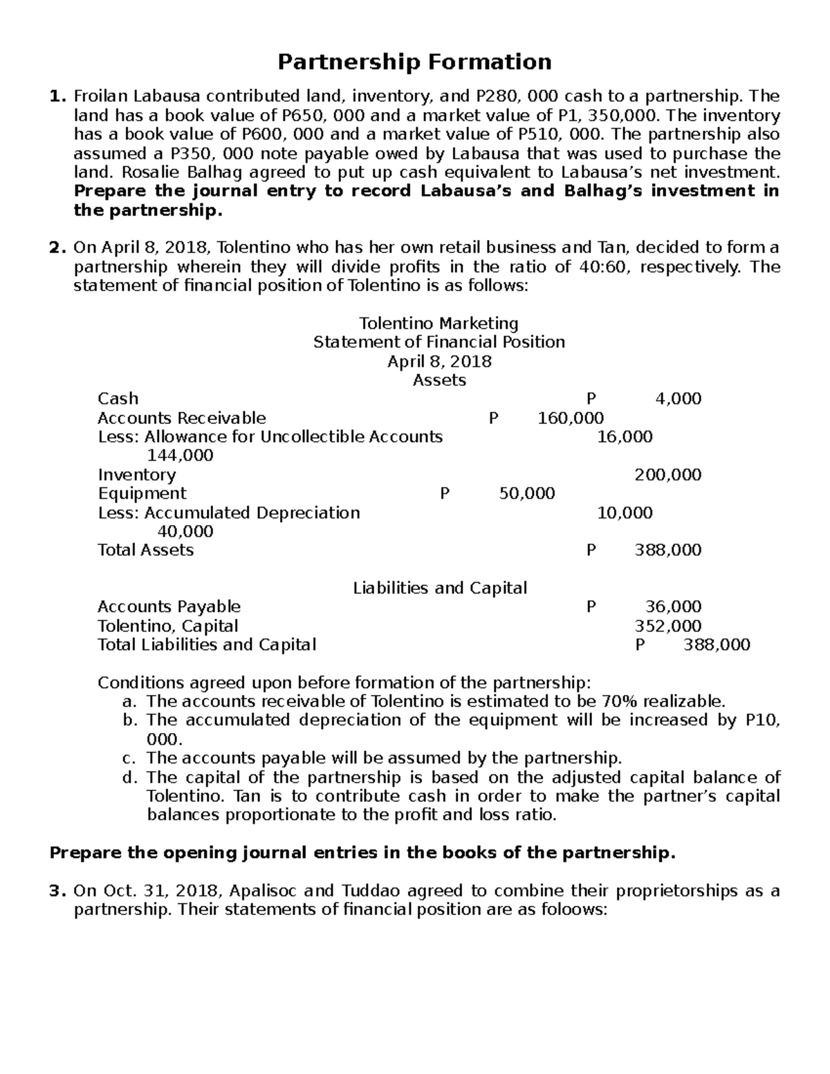 Partnership Formation and Profit Distribution Problems for ACC123 - Studocu
