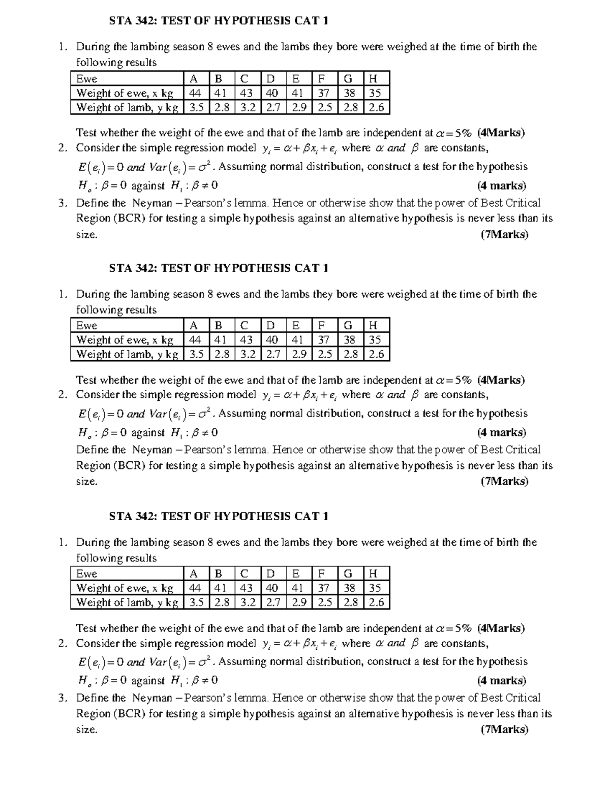 STA 342 Hypothesis Testing Practice Assignment - CAT 1 - Studocu