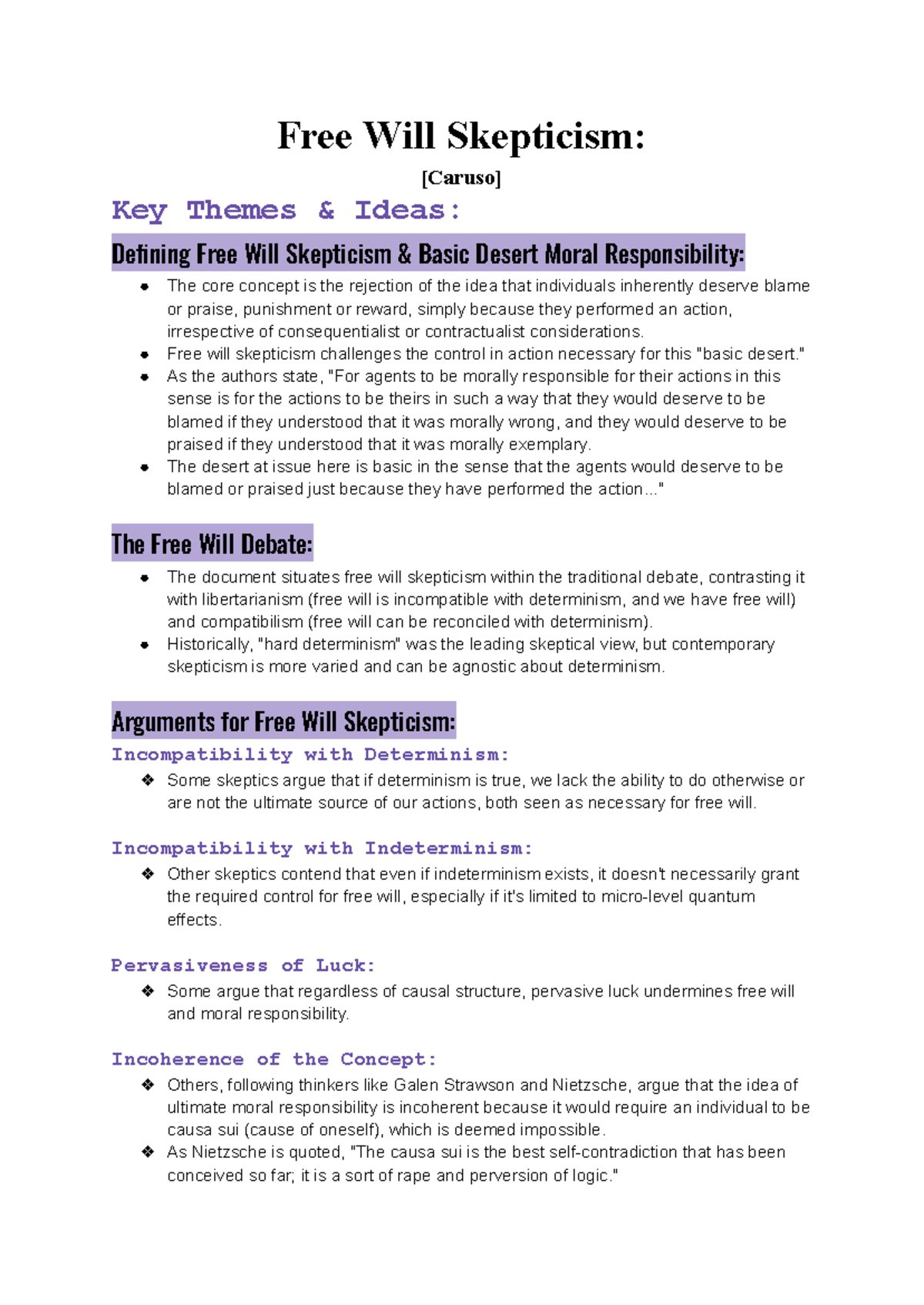 Module 7 - Free Will Notes: Exploring Skepticism and Moral ...