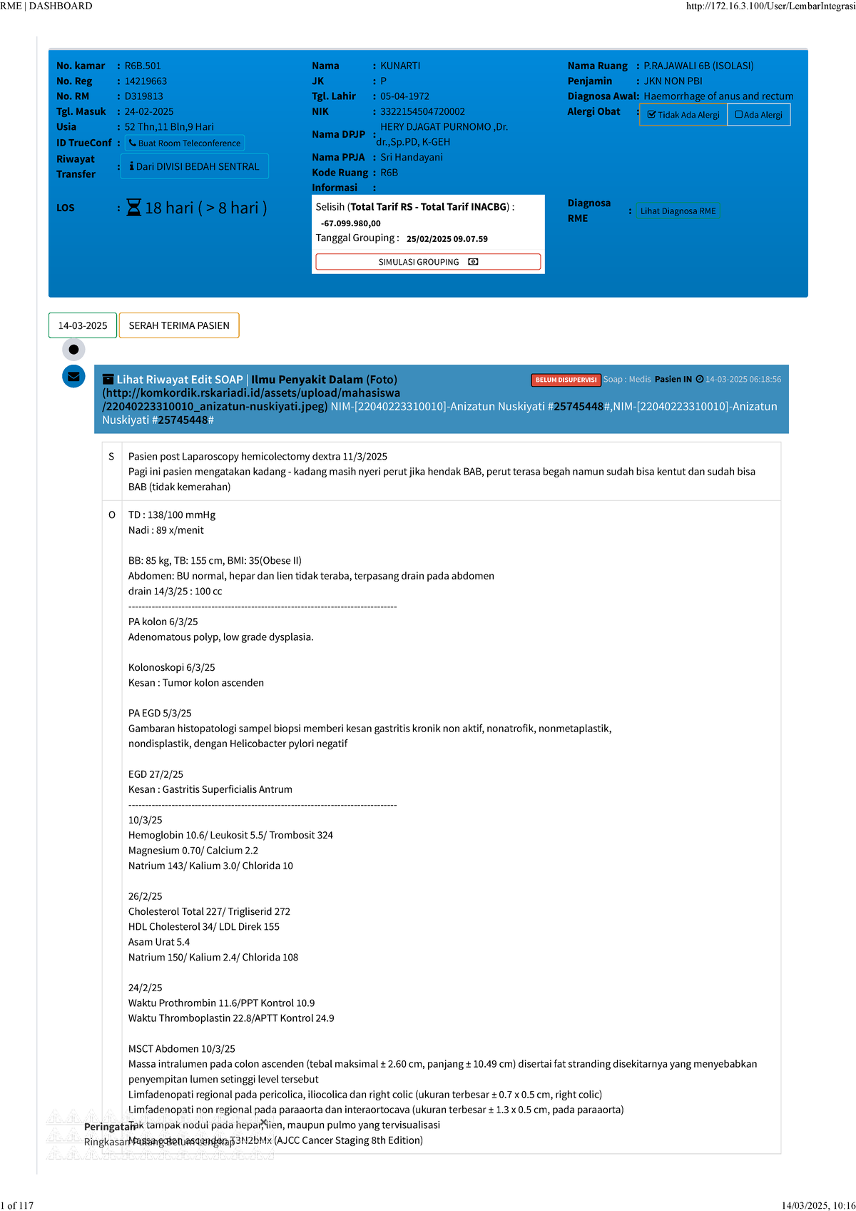 R6B.501: RME Dashboard Pasien Pasca Laparoscopy Hemicolectomy Dextra ...