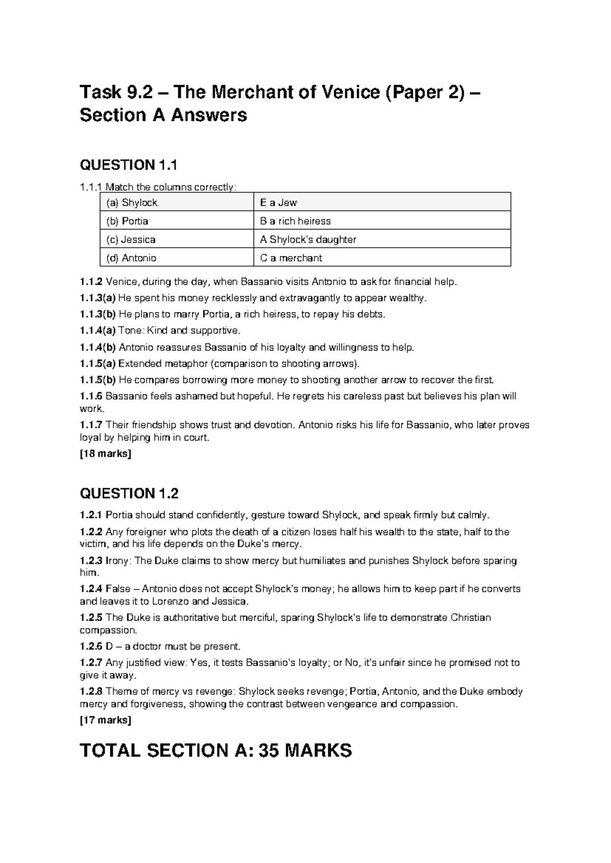 Merchant of Venice (Paper 2) Section A Answer Key - Studocu