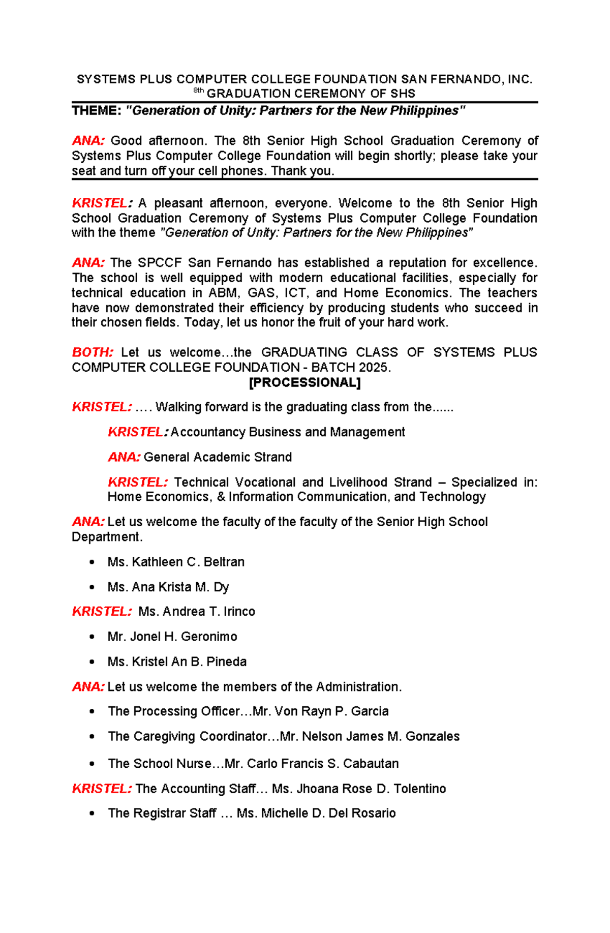 Final Graduation Ceremony Script SHS 2024 - Systems Plus College - Studocu
