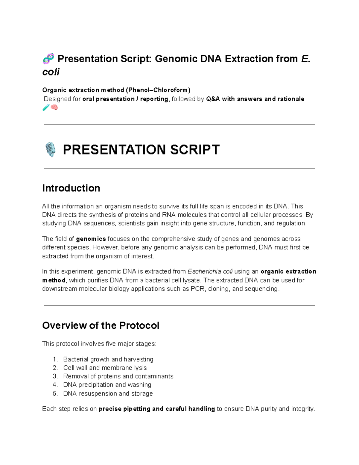 Presentation Script: Genomic DNA Extraction from E. coli for Oral ...