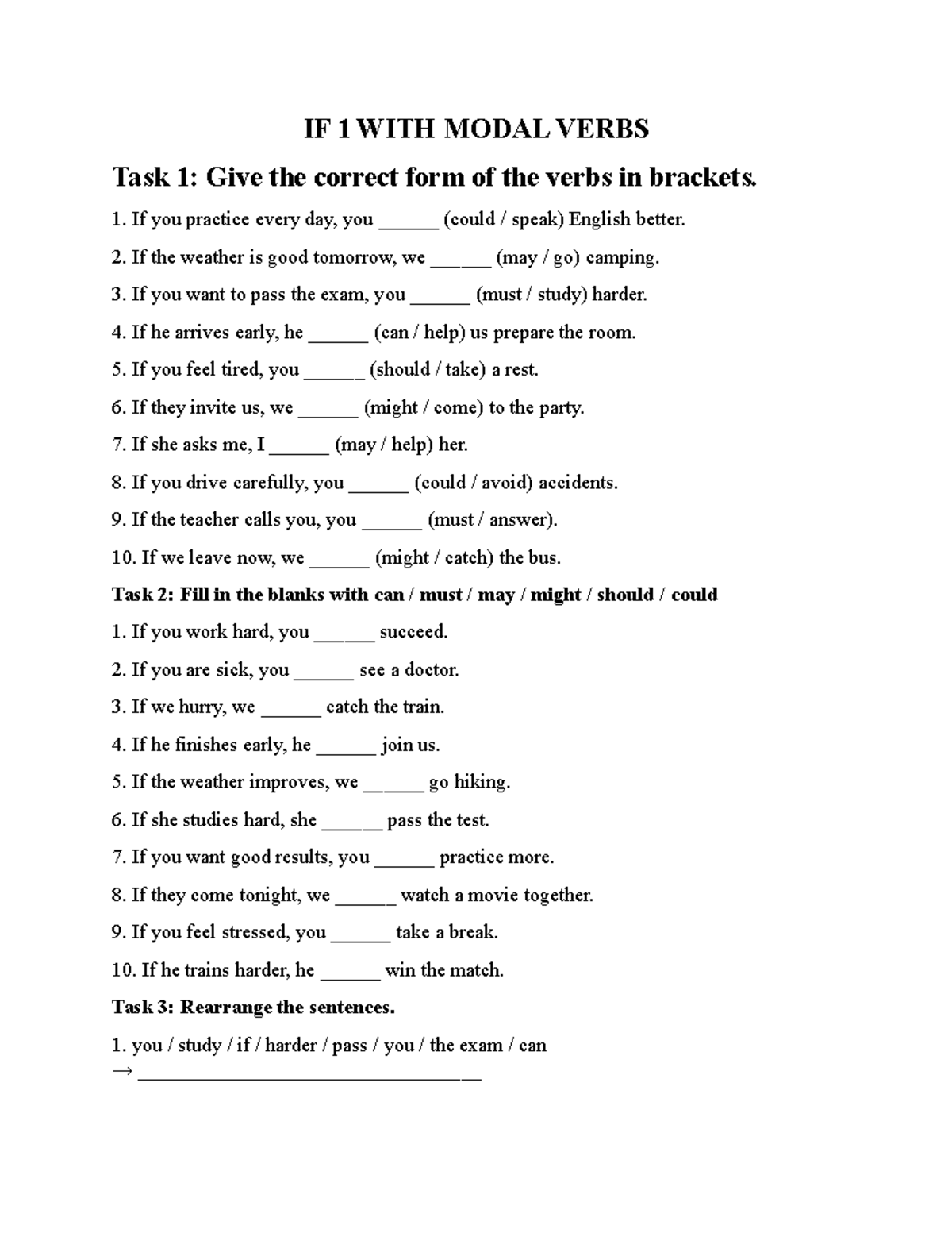 IF 1 WITH MODAL VERBS - Practice Exercises and Tasks - Studocu