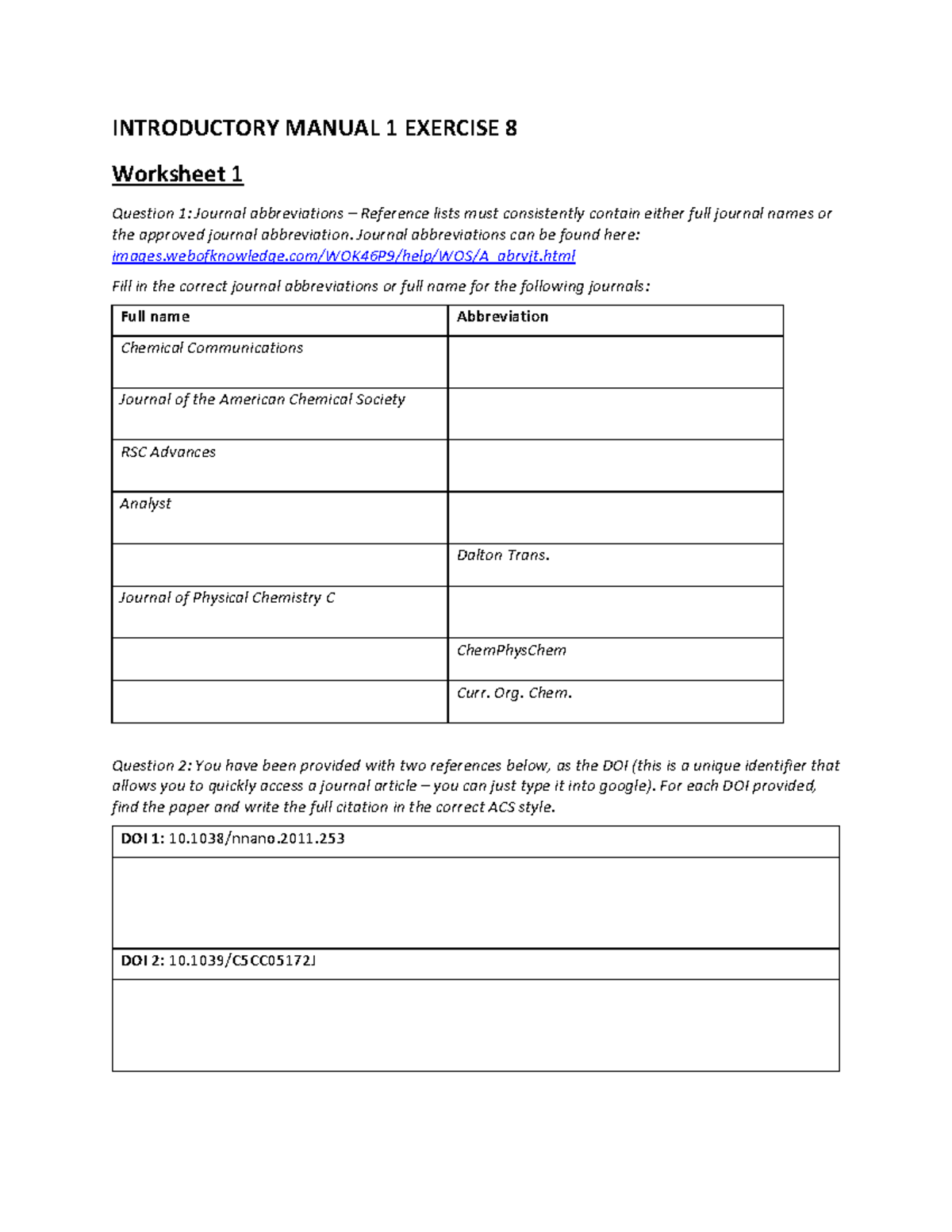 INTRODUCTORY MANUAL 1: Exercise 8 Worksheet 1 on Journal Abbreviations ...