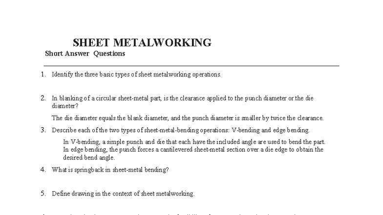 SHEET METALWORKING (ENGR 101) Short Answer & MC Questions Review - Studocu