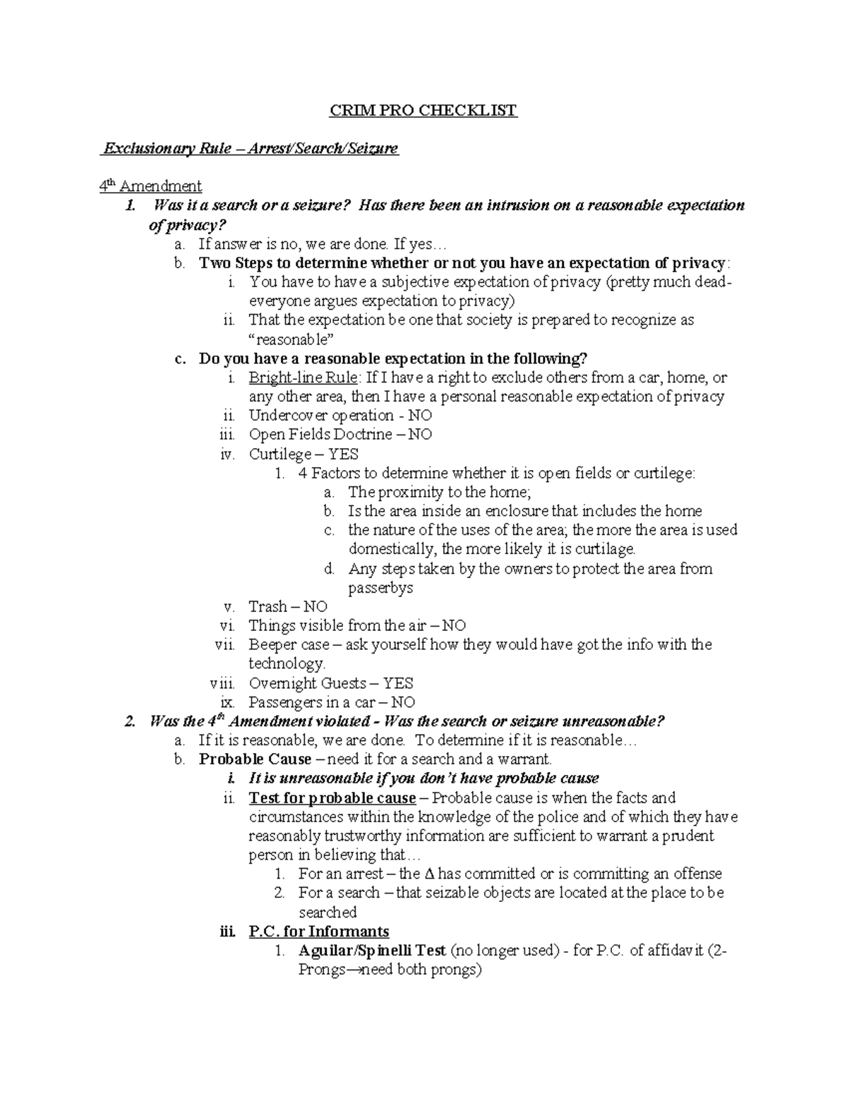 Crim Pro Checklist: Key Concepts for 4th Amendment Analysis - Studocu