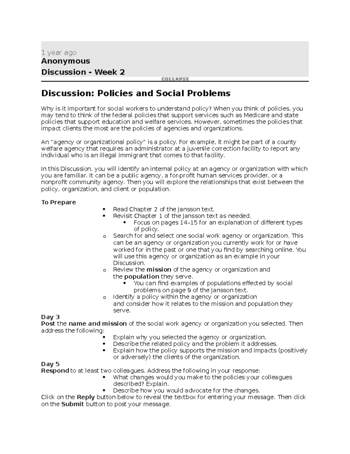 Social Work 6361 Discussion 1: Week 2 Policies and Social Problems ...