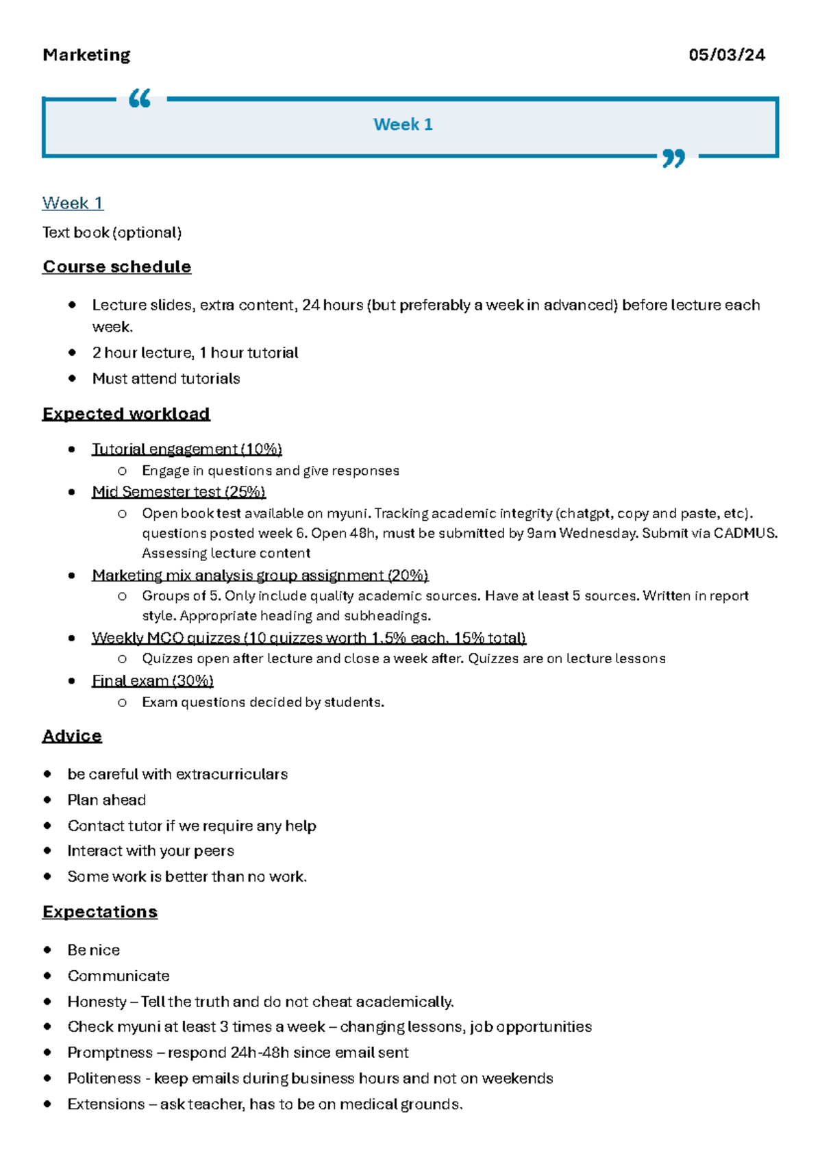 Marketing Notes: Week 1 Overview and Key Concepts (MKT101) - Studocu