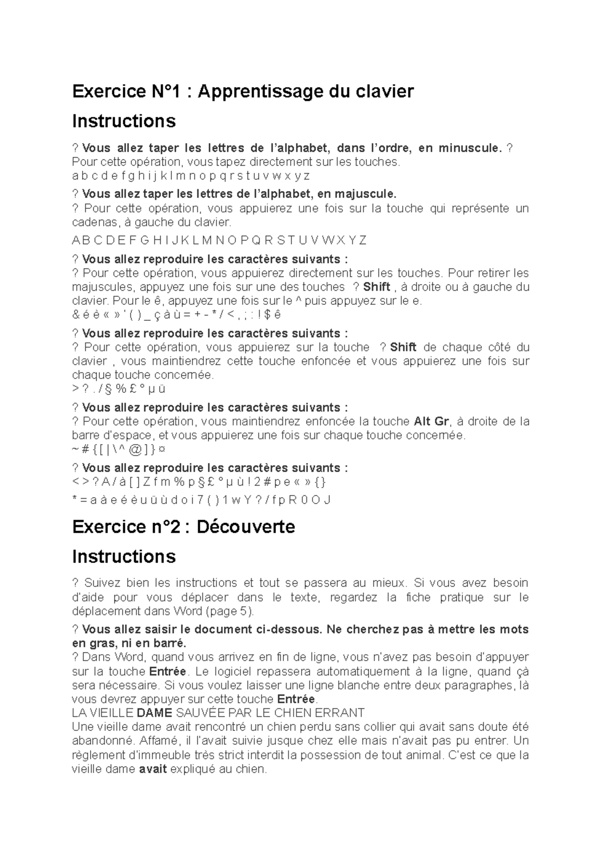 Exercice Pratique sur le Clavier et les Caractères Spéciaux
