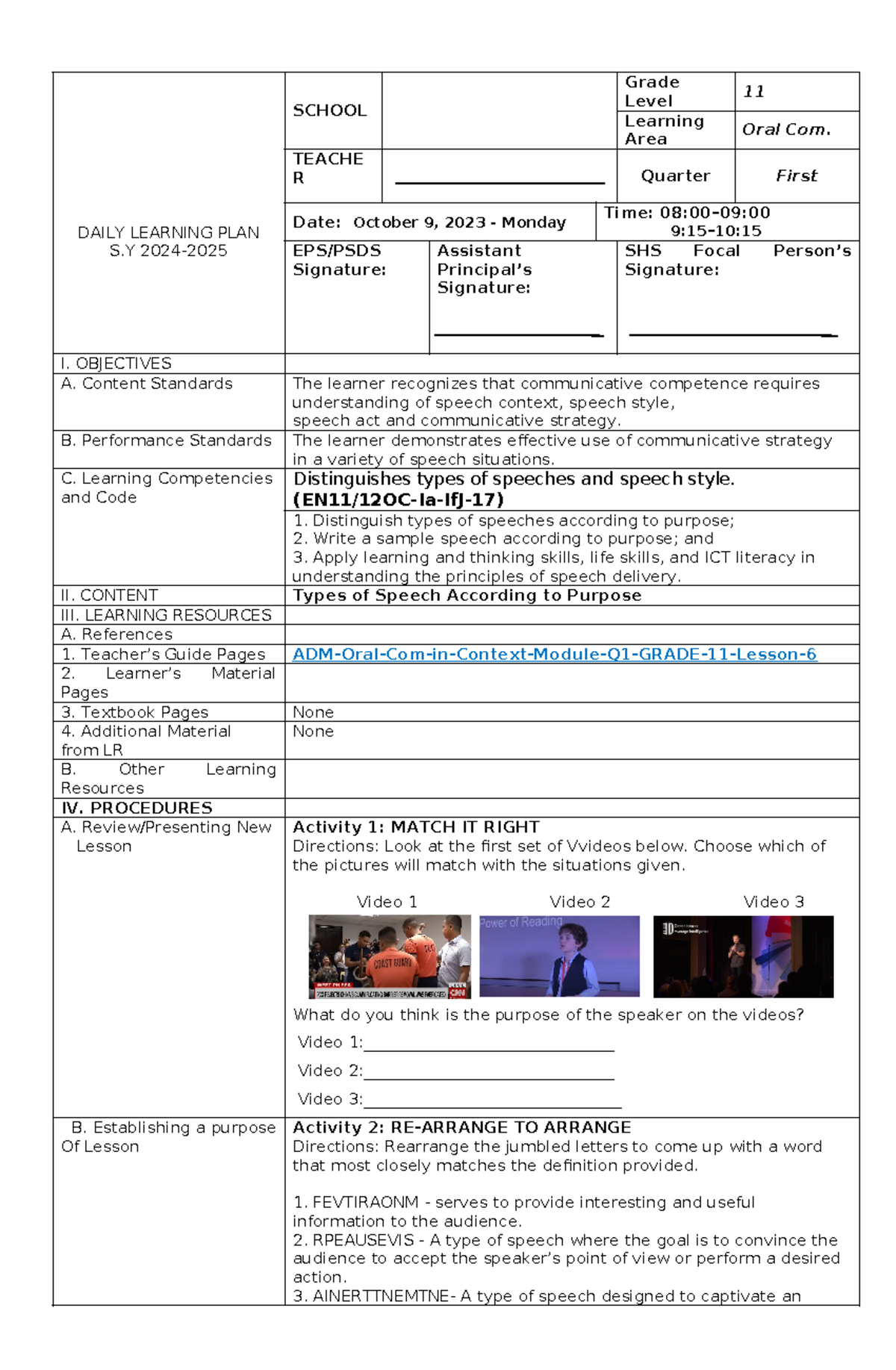 COT - Daily Learning Plan for Oral Communication Grade 11 - Studocu