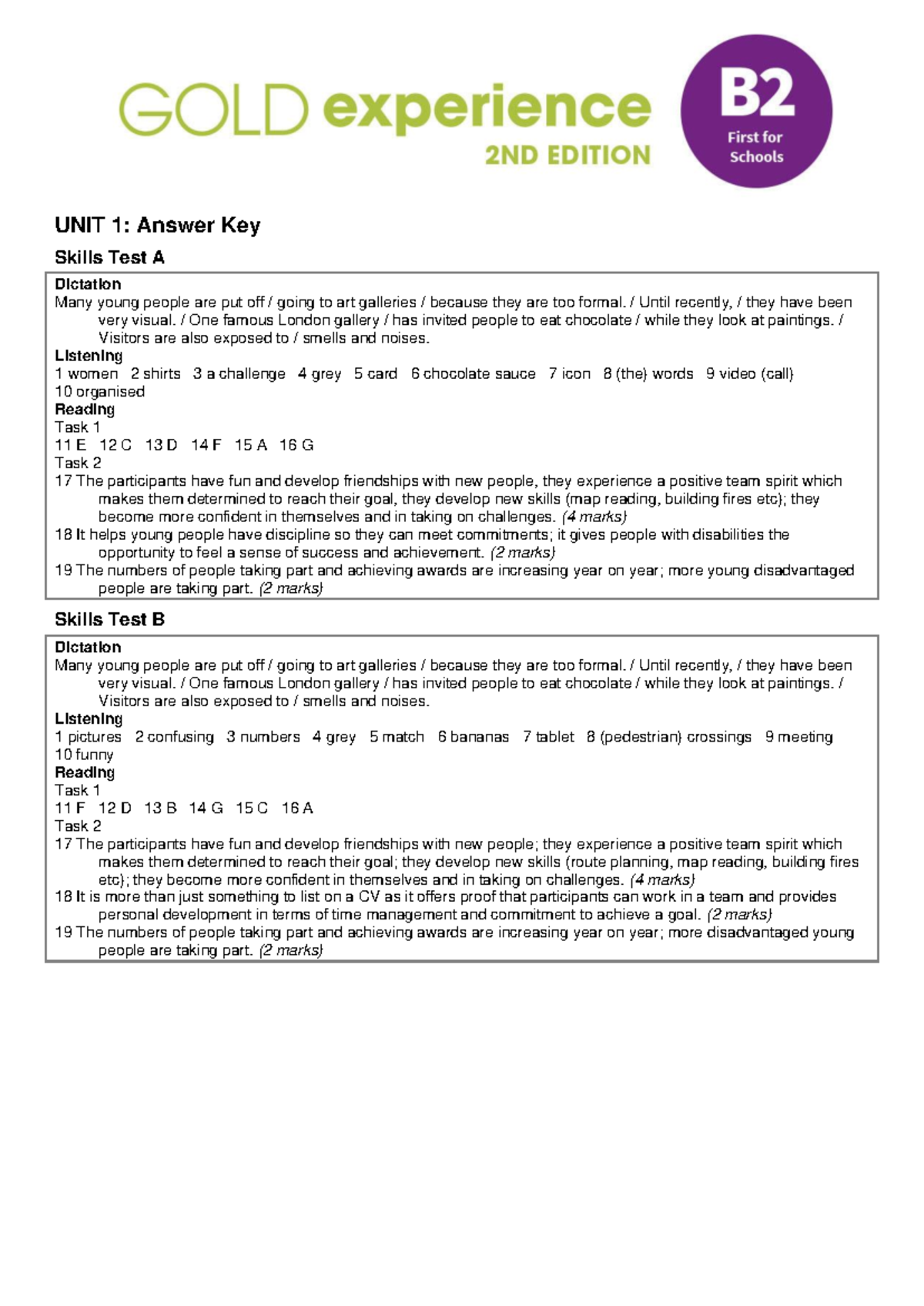 Gold Exp B2 Unit 1 Skills Test A & B Answer Key - Studeersnel