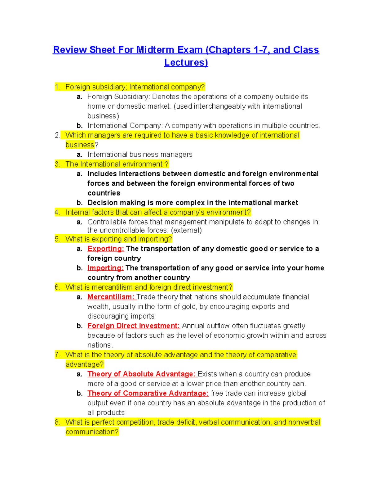 Review Sheet for Midterm Exam in International Business (Chapters 1-7 ...