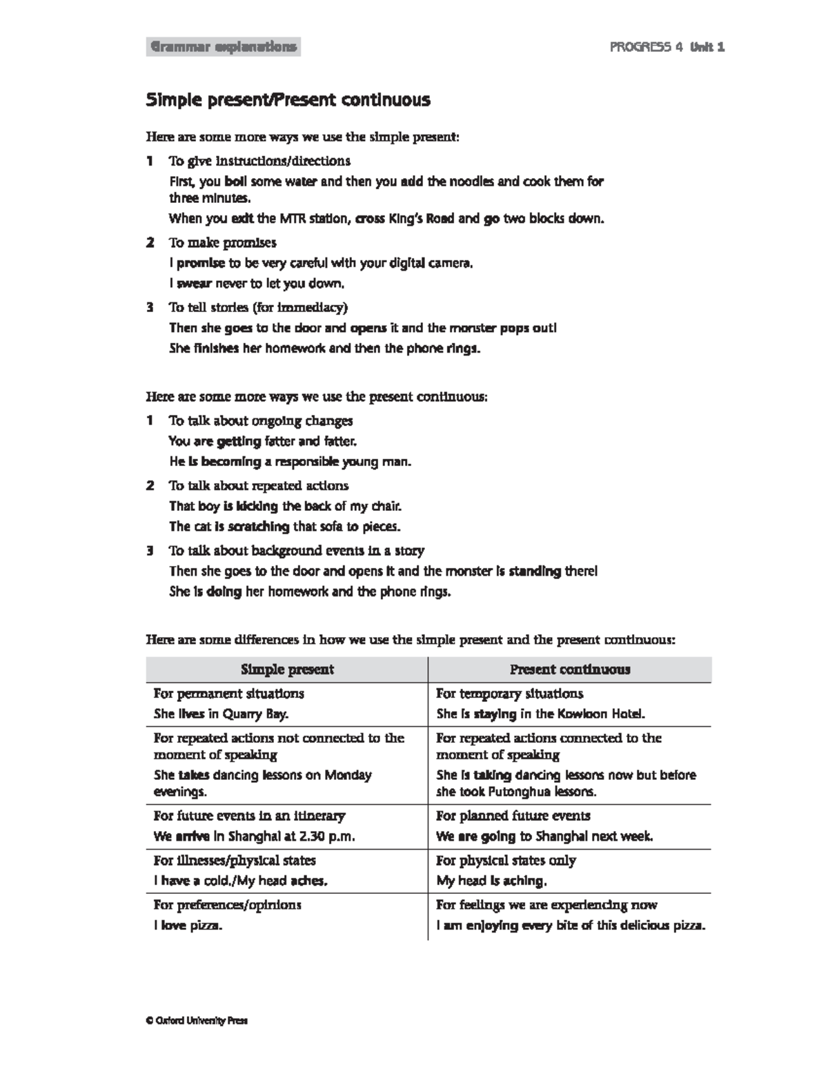 Grammar Explanations: PROGRESS 4 Unit 1 - Simple Present & Continuous ...