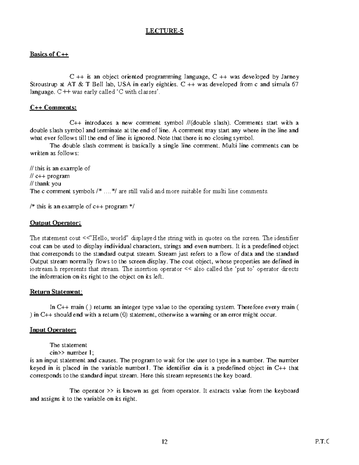 I o c++ - Oops concepts and c++ - LECTURE- 5 Basics of C++ C ++ is an ...