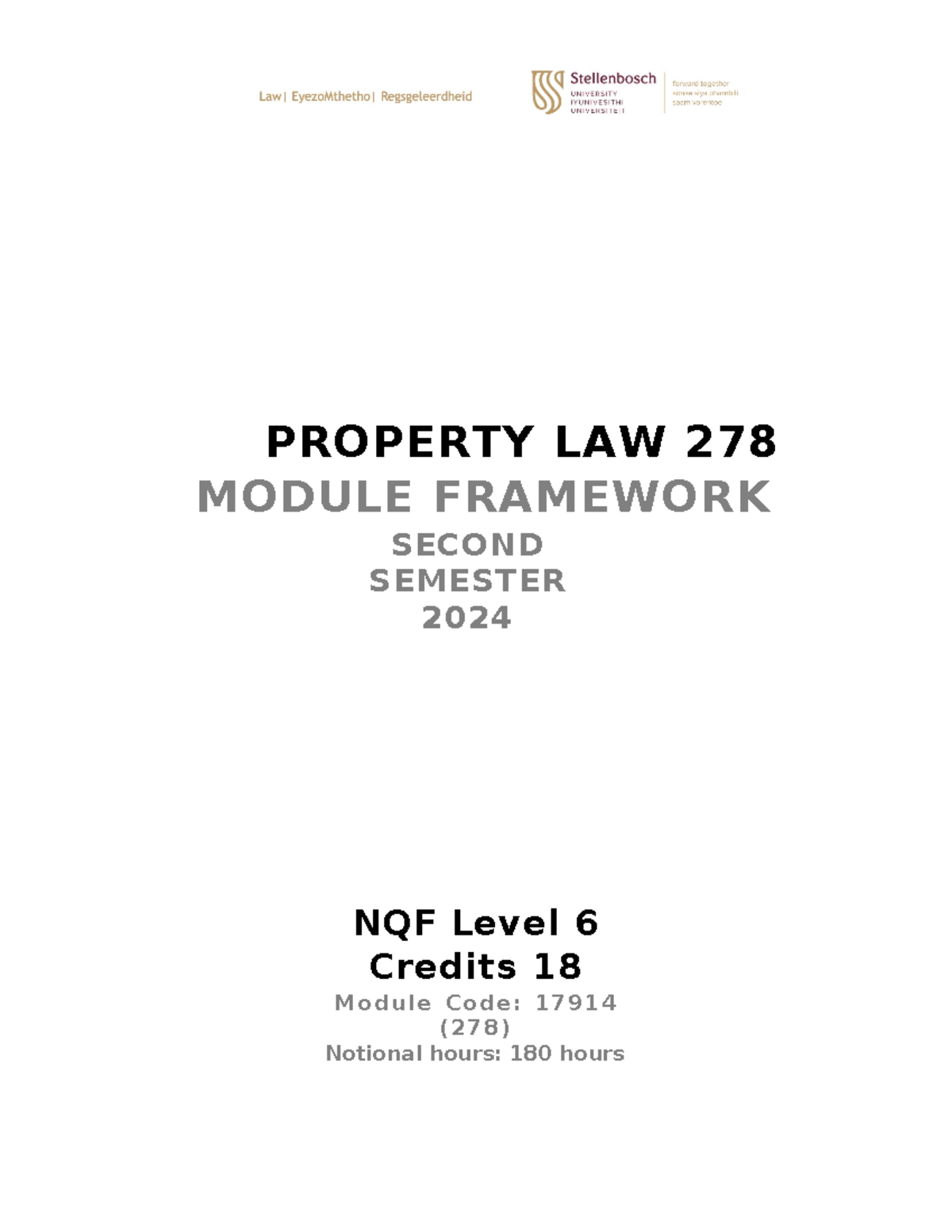 Property Law 278 Course Framework for 2nd Semester 2024 - Studocu