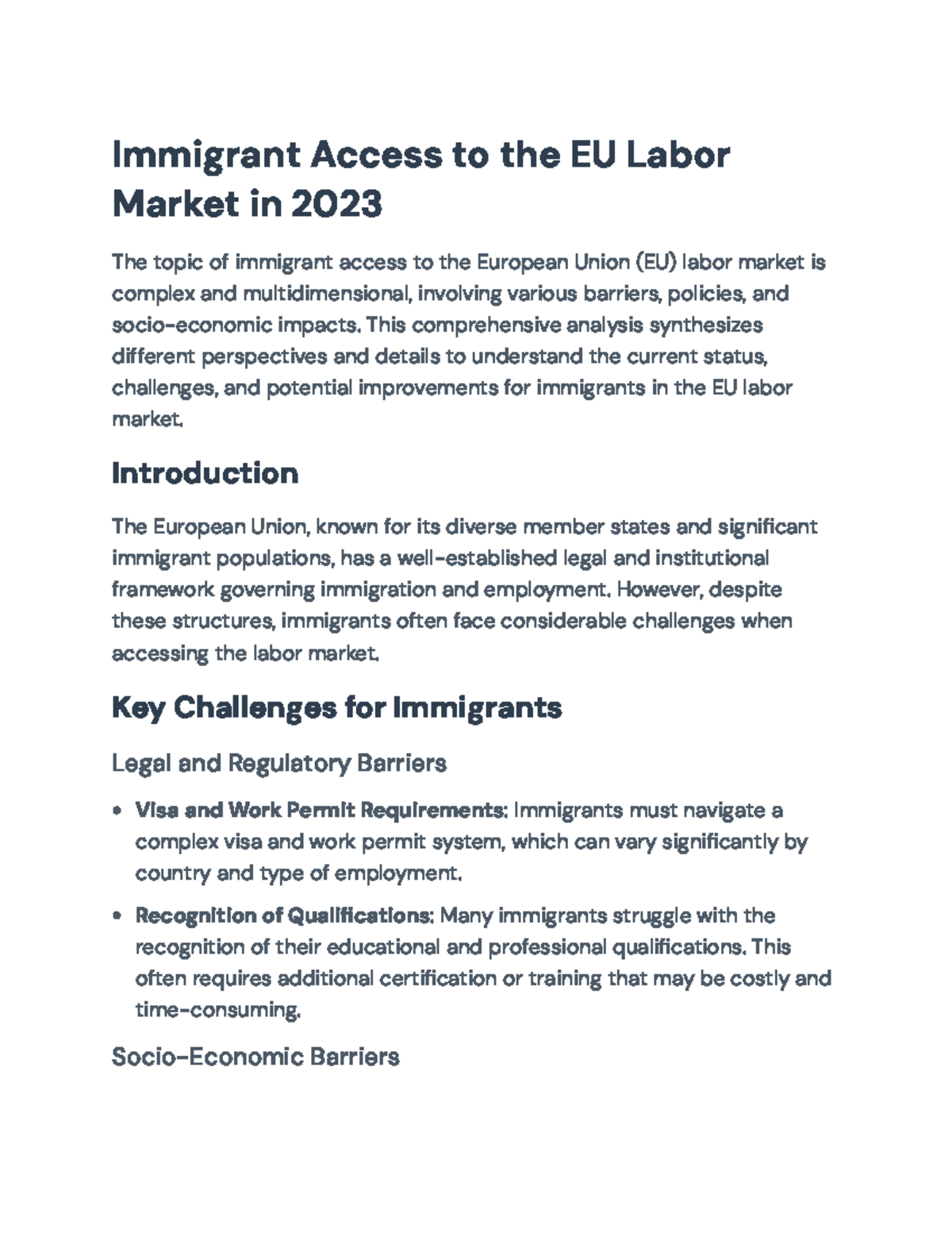Immigrant Access to the EU Labor Market: Challenges and Policies in ...