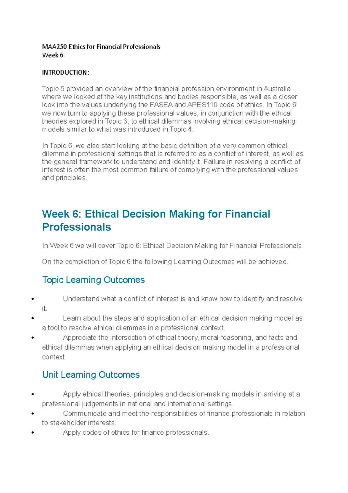 MAA250 Week 6 - Ethical Decision Making for Financial Professionals ...