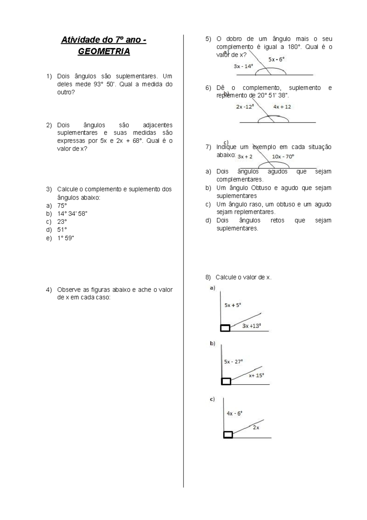 Atividades de Geometria: Ângulos Complementares e Suplementares 7º Ano ...