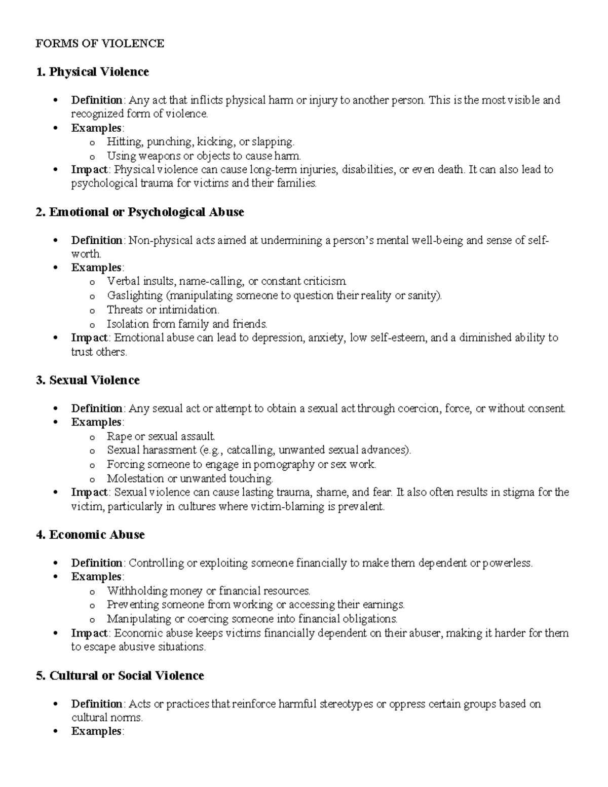 Forms of Violence - M BMNKHGGYFUC: Definitions & Impacts - Studocu