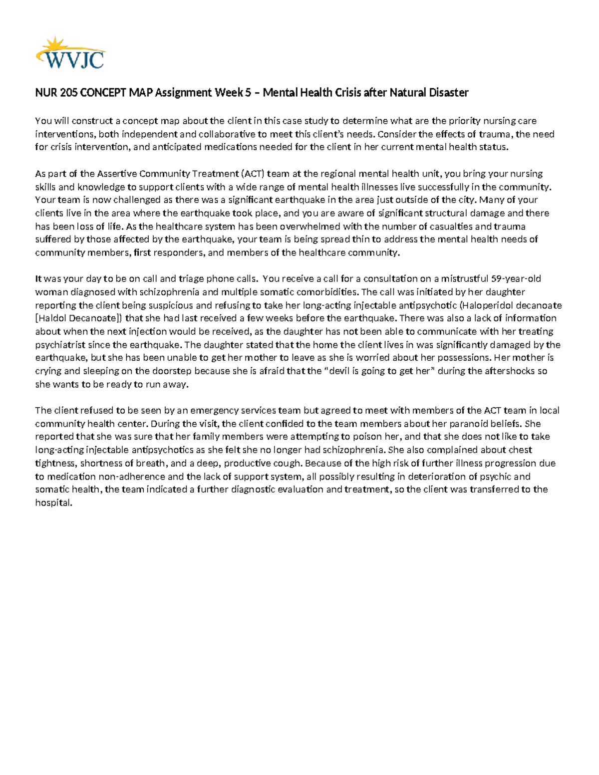 NUR 205 Concept Map Assignment Week 5: Mental Health Crisis Management ...