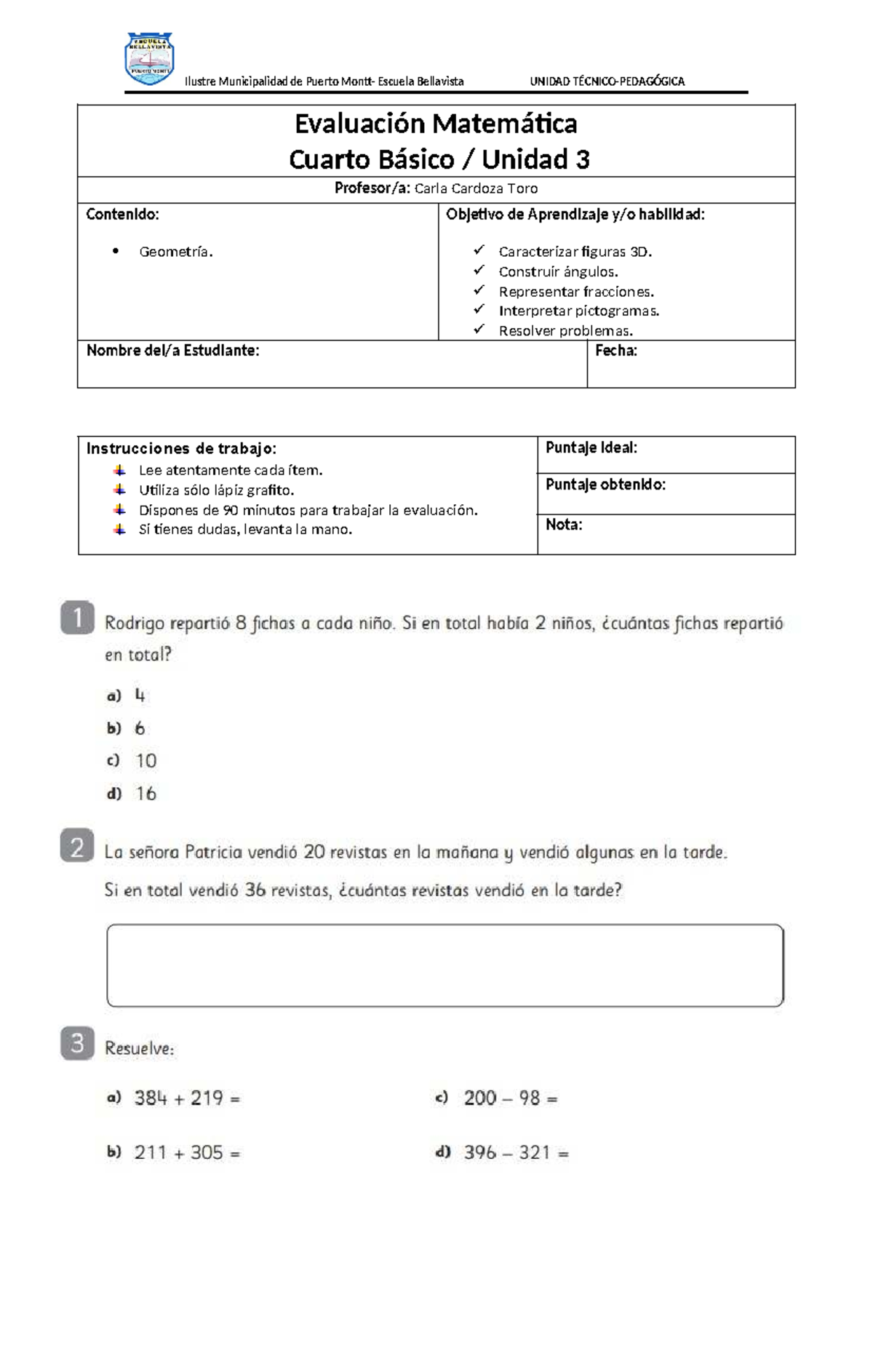 4° Básico - Evaluación Unidad 3 - Matemàtica - Ilustre Municipalidad de ...
