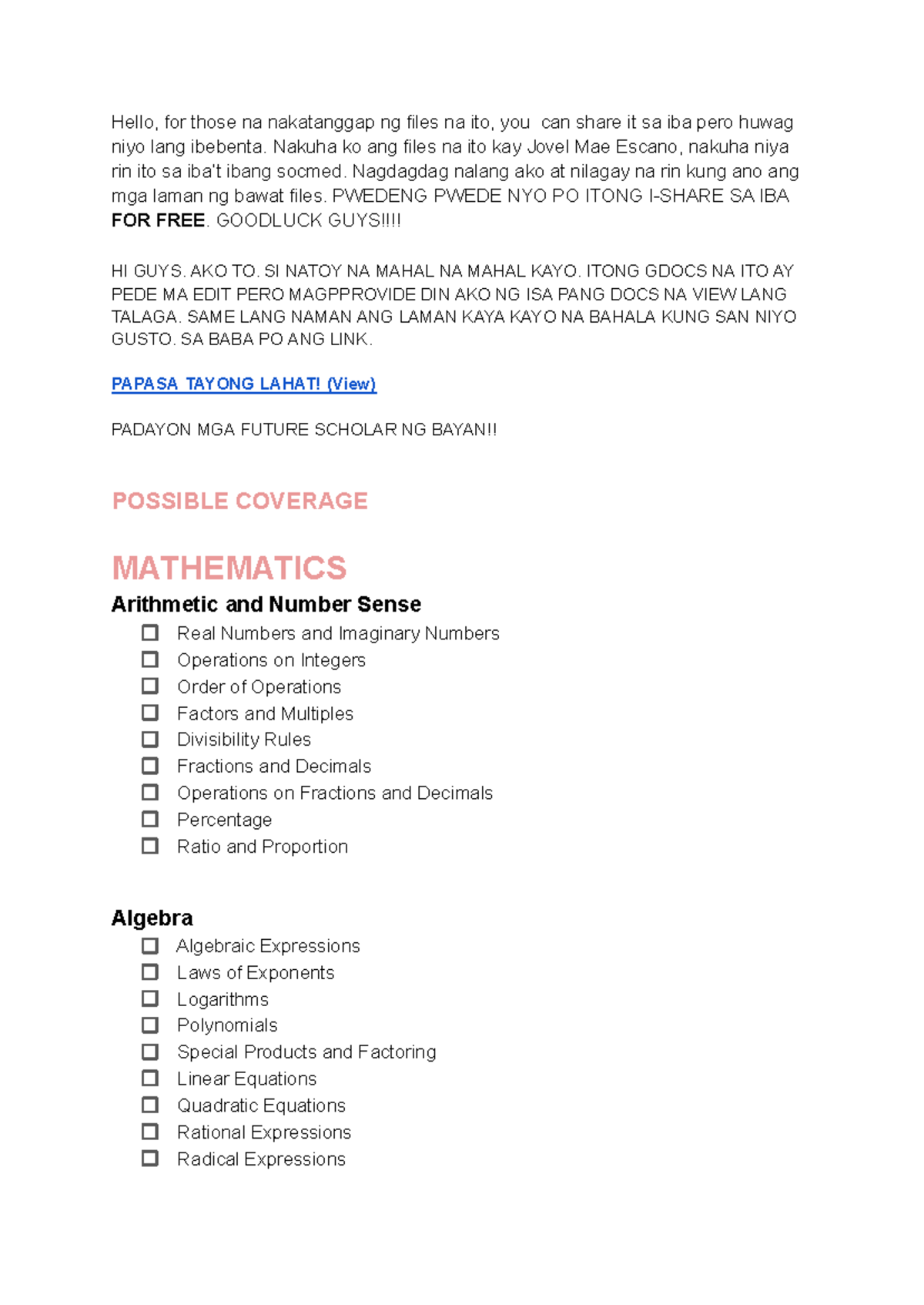 CET Possible Coverage for Mathematics and Science Review Guides - Studocu