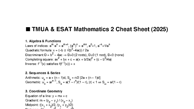 TMUA ESAT Math2 Cheat Sheet 2025 final - n TMUA & ESAT Mathematics 2 ...