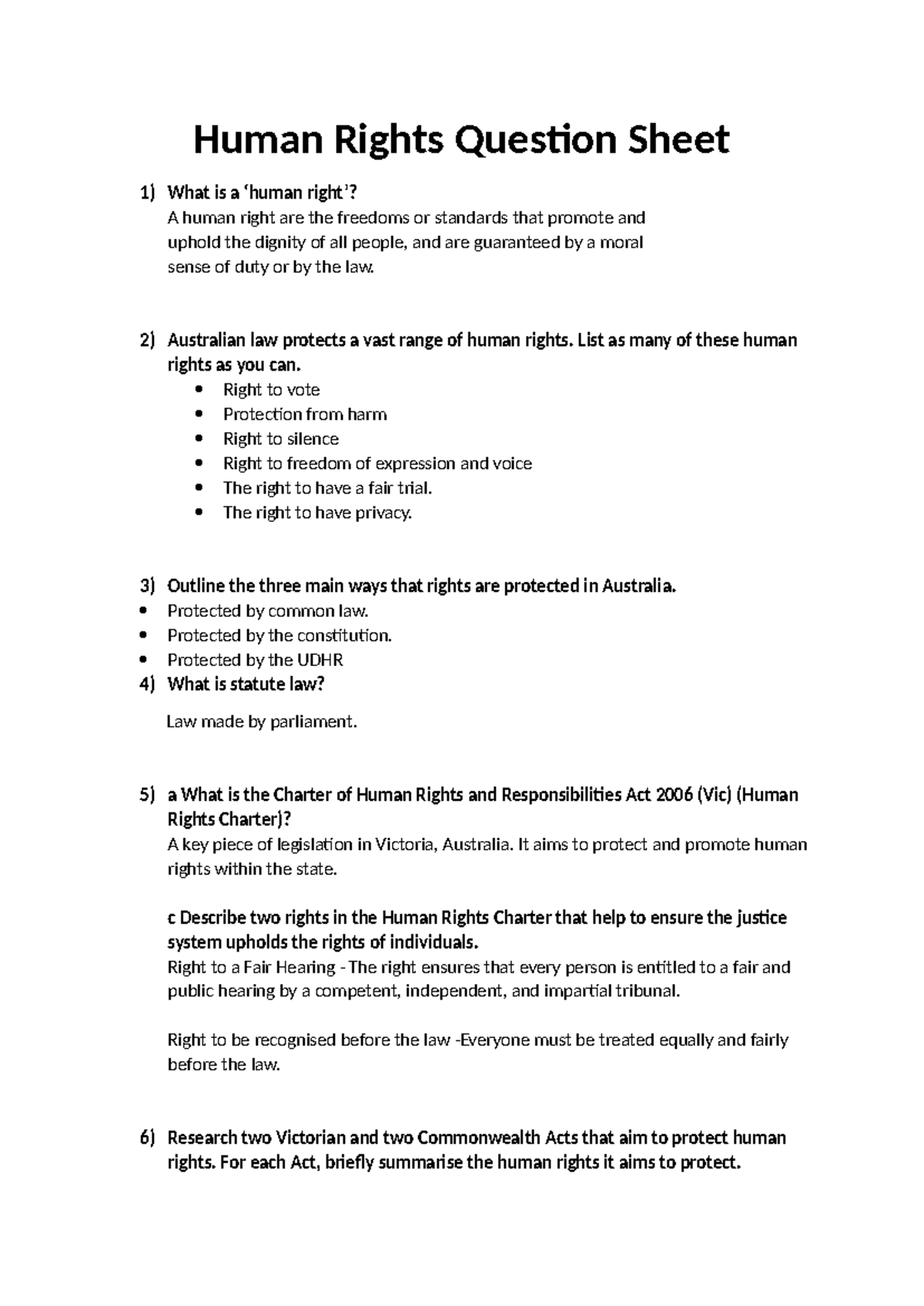 HR Law Quiz Sheet - Australian Human Rights Protections and Legislation ...