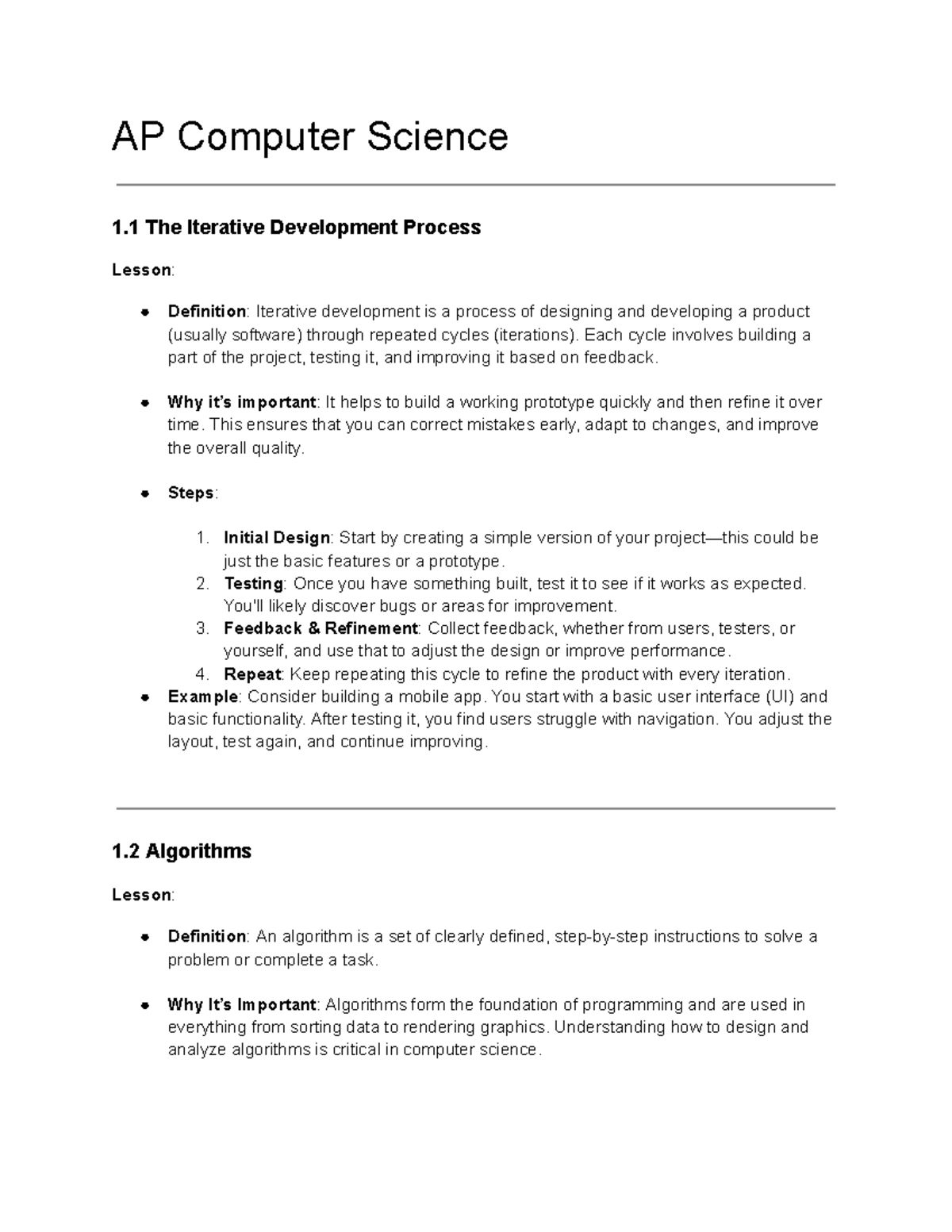 AP Computer Science 1.1-1.9 Lesson Notes: Iterative Dev, Algorithms ...