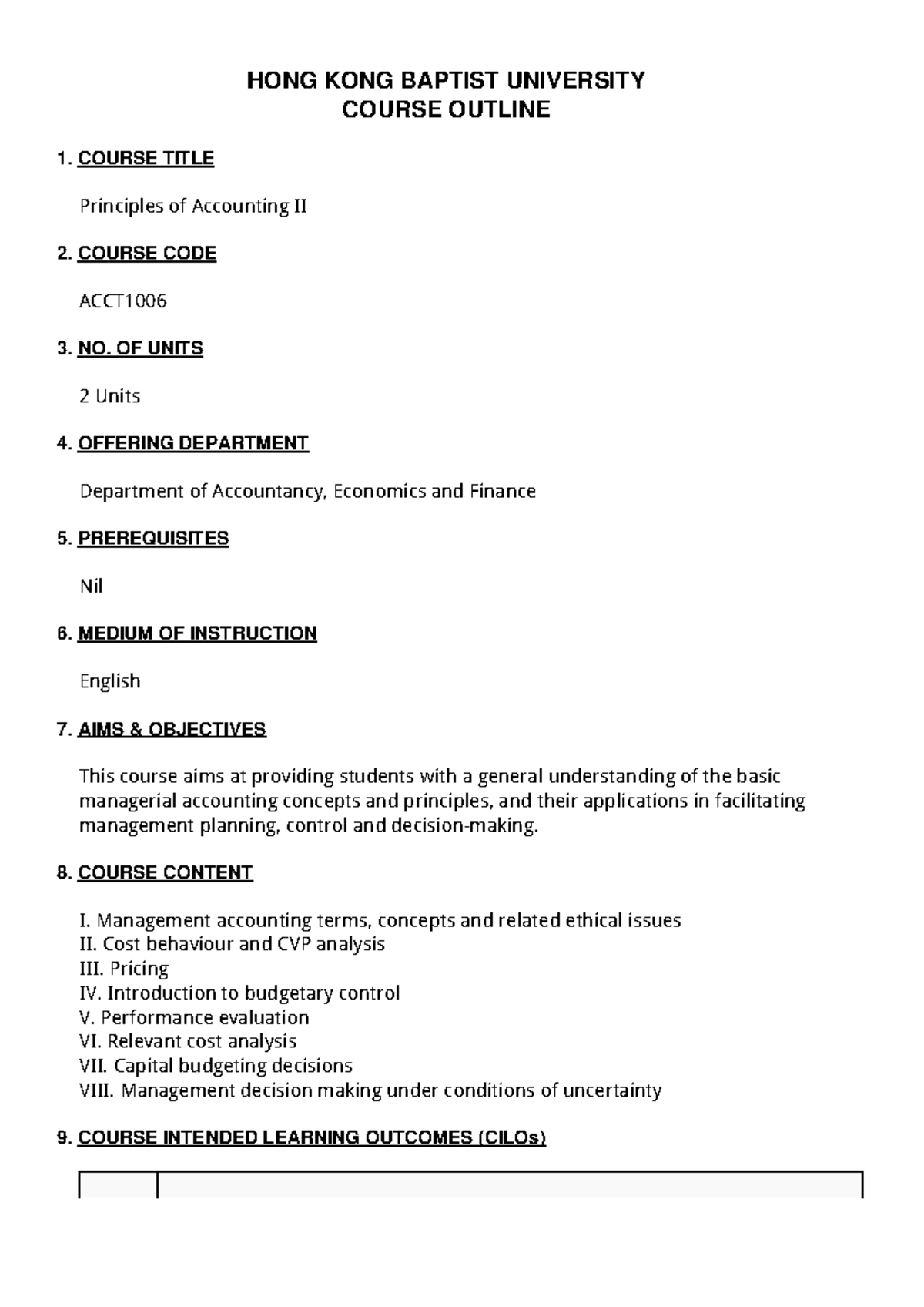 ACCT1006 - Principles of Accounting II Course Outline and Objectives ...