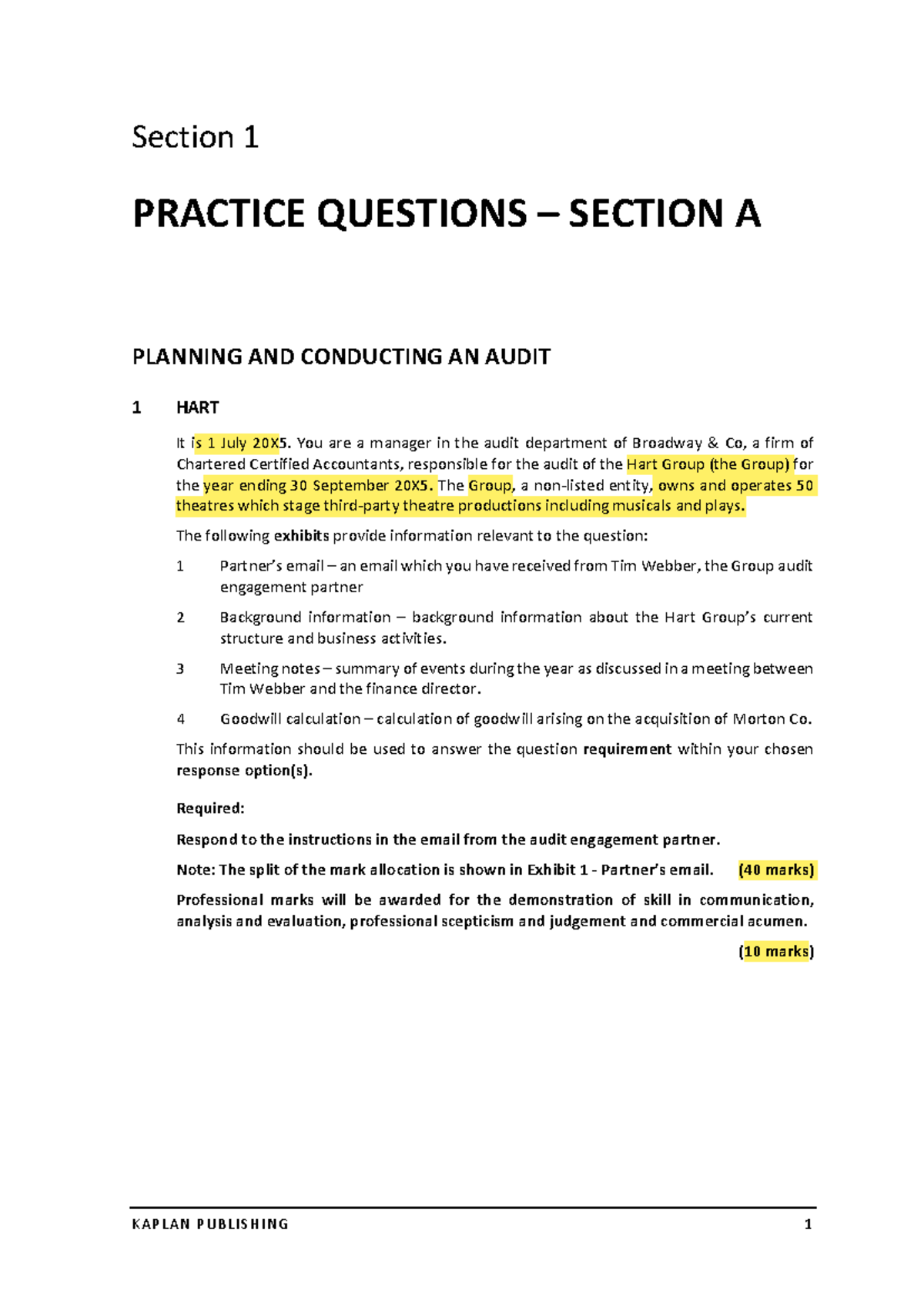 KAPLAN AAA: Audit Planning Practice Questions for Hart Group - Studocu