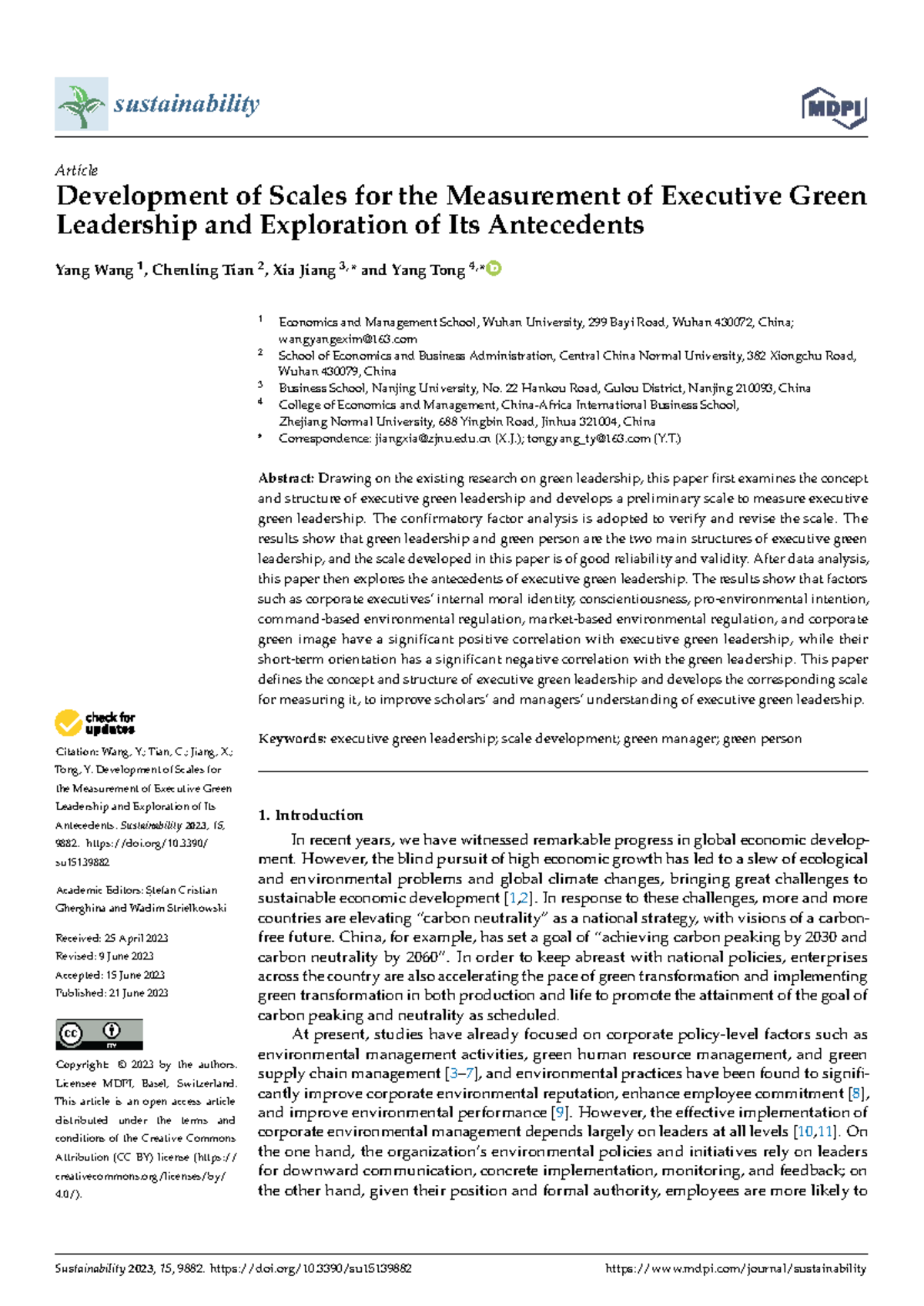 Development of Scales for Measuring Executive Green Leadership (SUST-15 ...