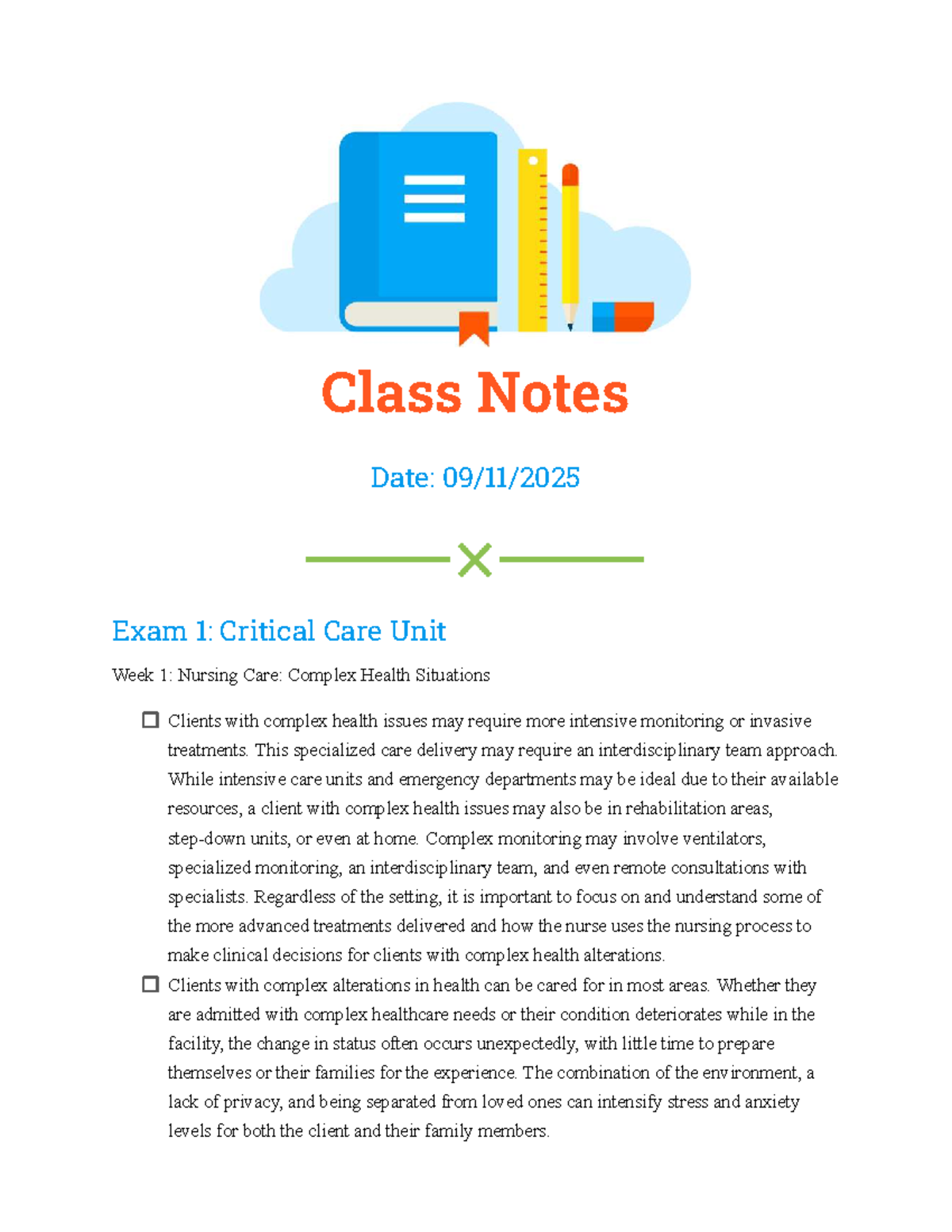 Exam 1 Notes: Critical Care Nursing - Complex Health Situations - Studocu