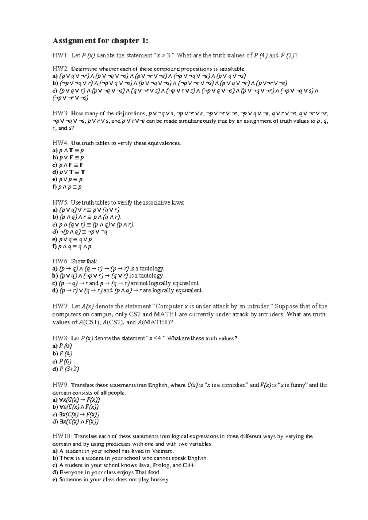 Chapter 1 Logic Basics: HW Assignments and Truth Values - Studocu
