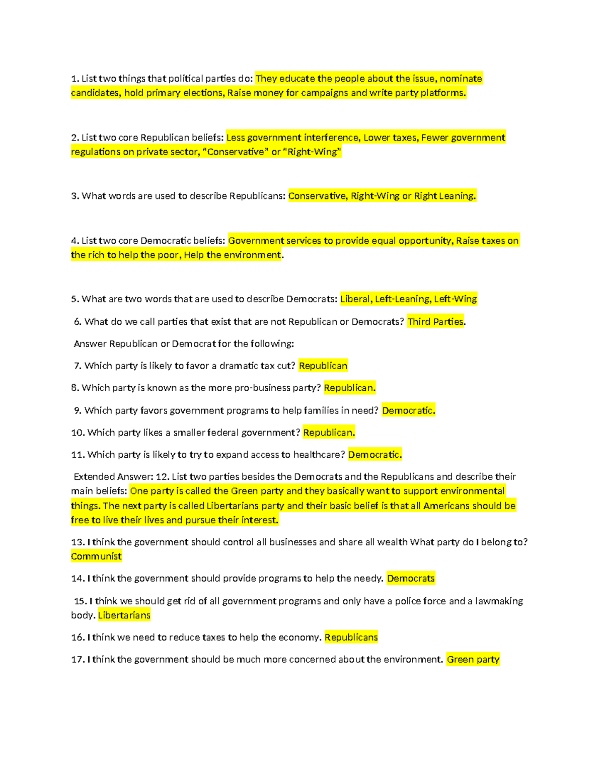 Civics Exam Notes: Political Parties and Their Beliefs - Studocu