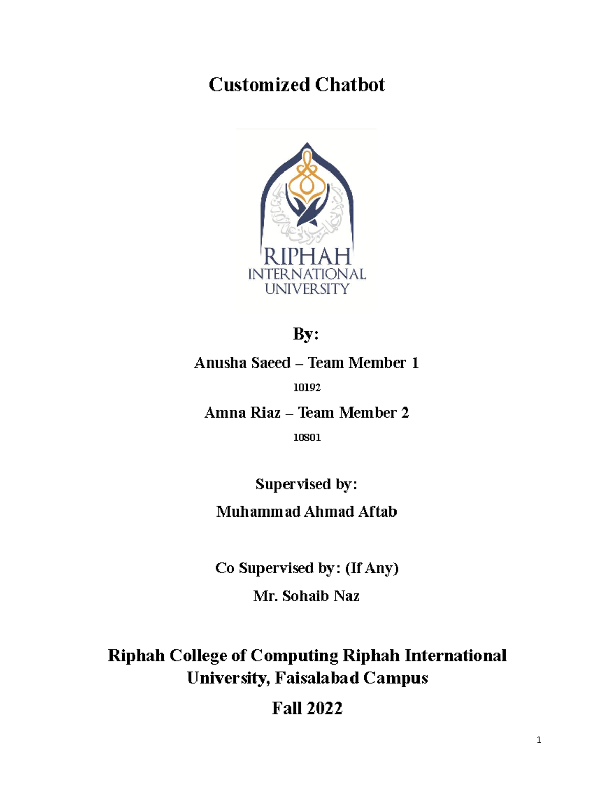 Final Year Project Documentation: Customized Chatbot (CS 10192/10801 ...