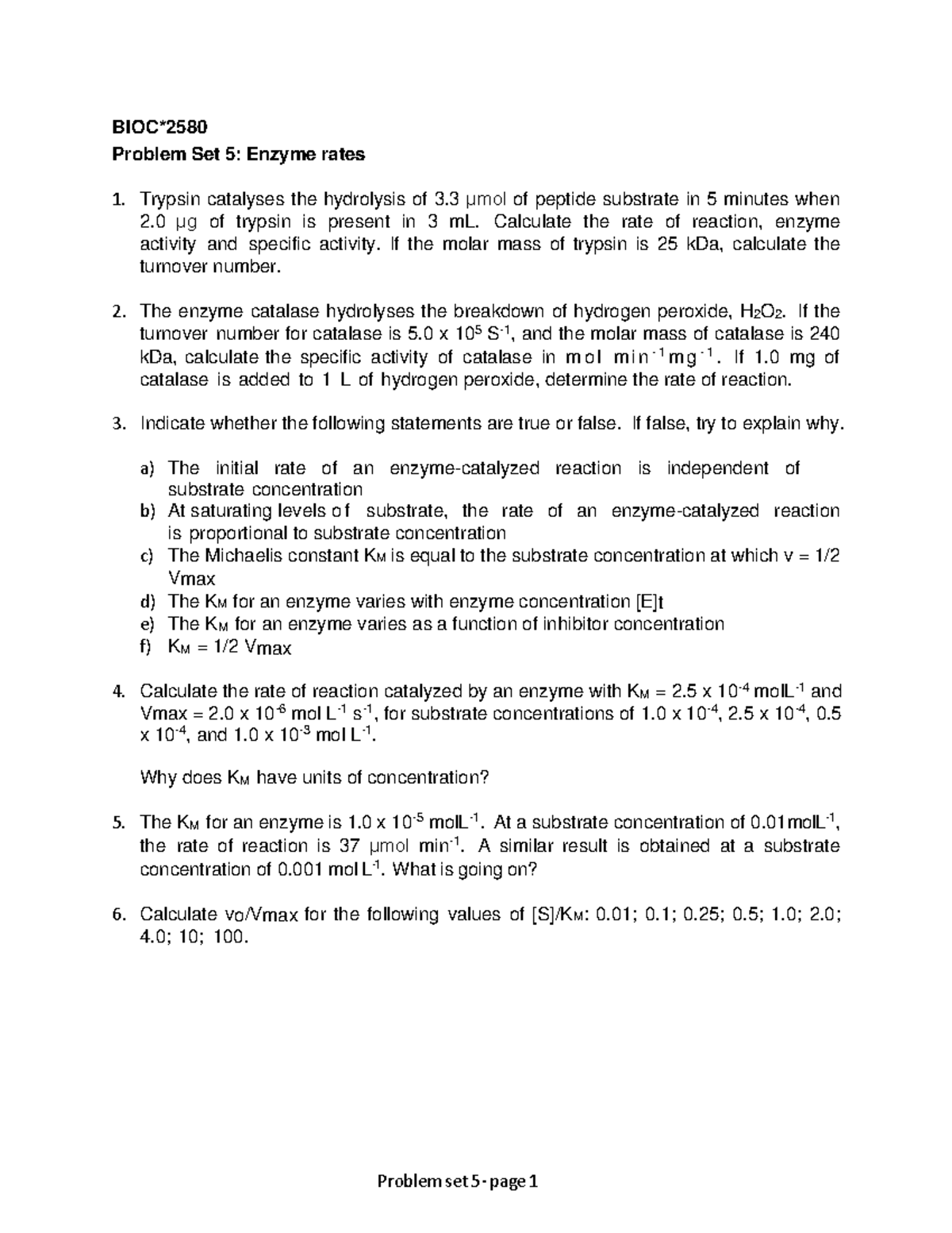 BIOC - Problem Set 5: Enzyme Reaction Rates and Calculations - Studocu