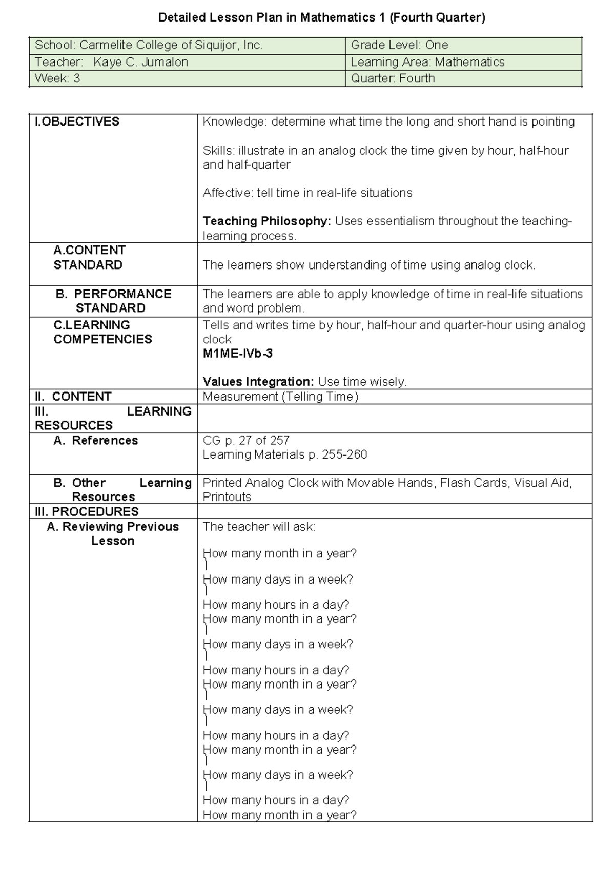 Detailed Lesson Plan in Mathematics 1 (COT: Telling Time) - Studocu