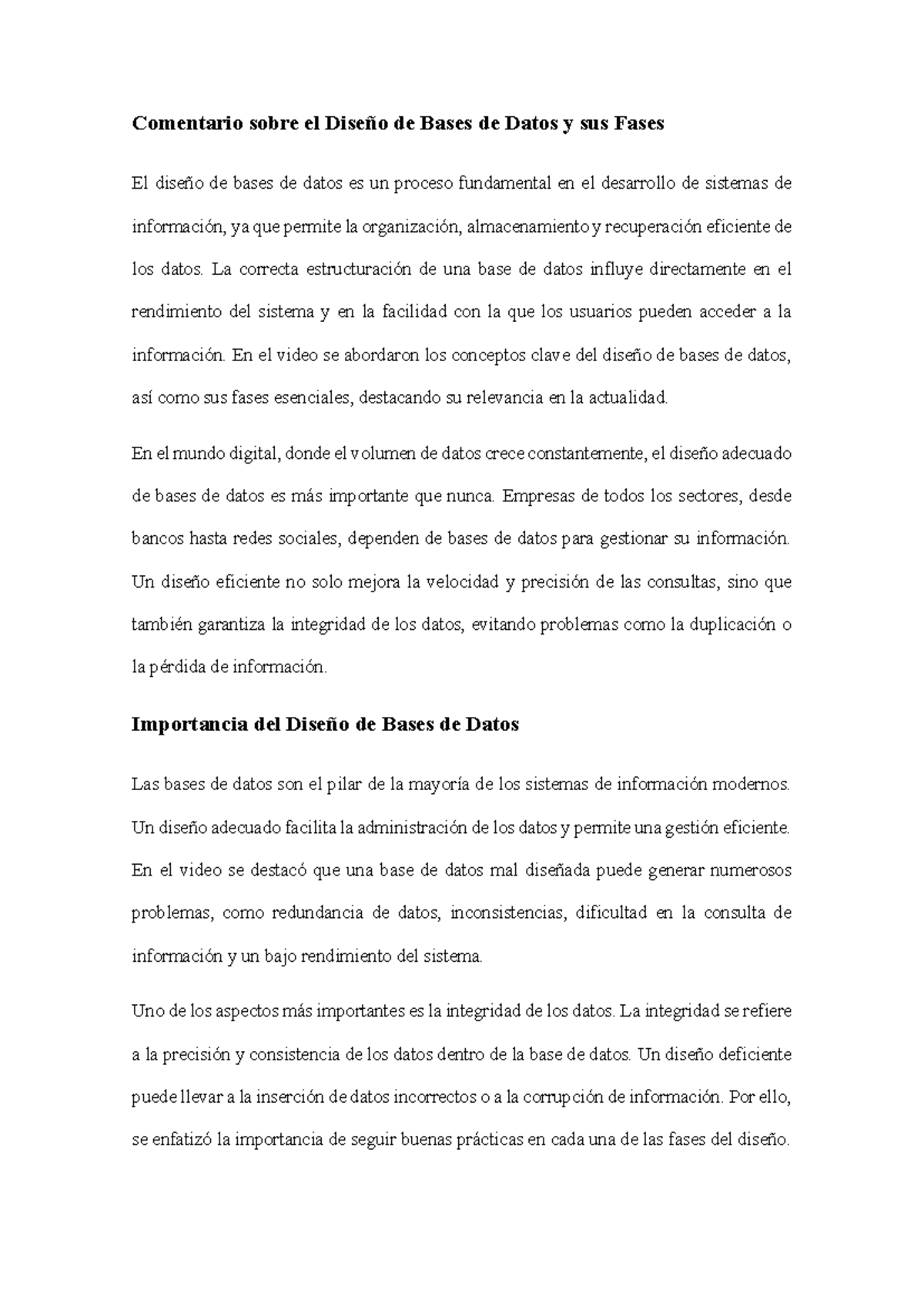 Comentario sobre el Diseño de Bases de Datos y sus Fases - La correcta ...