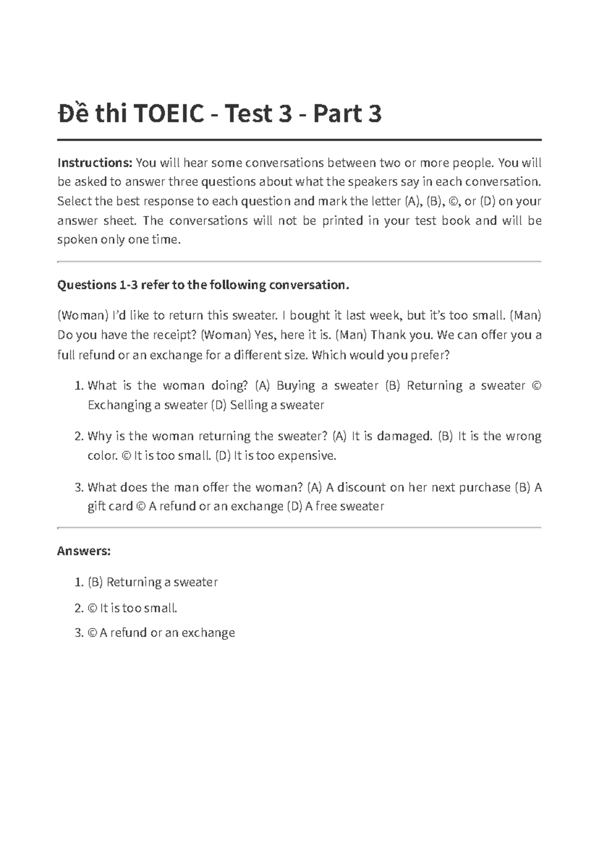 Đề thi TOEIC Test 3 Part 3: Conversations & Questions - Studocu