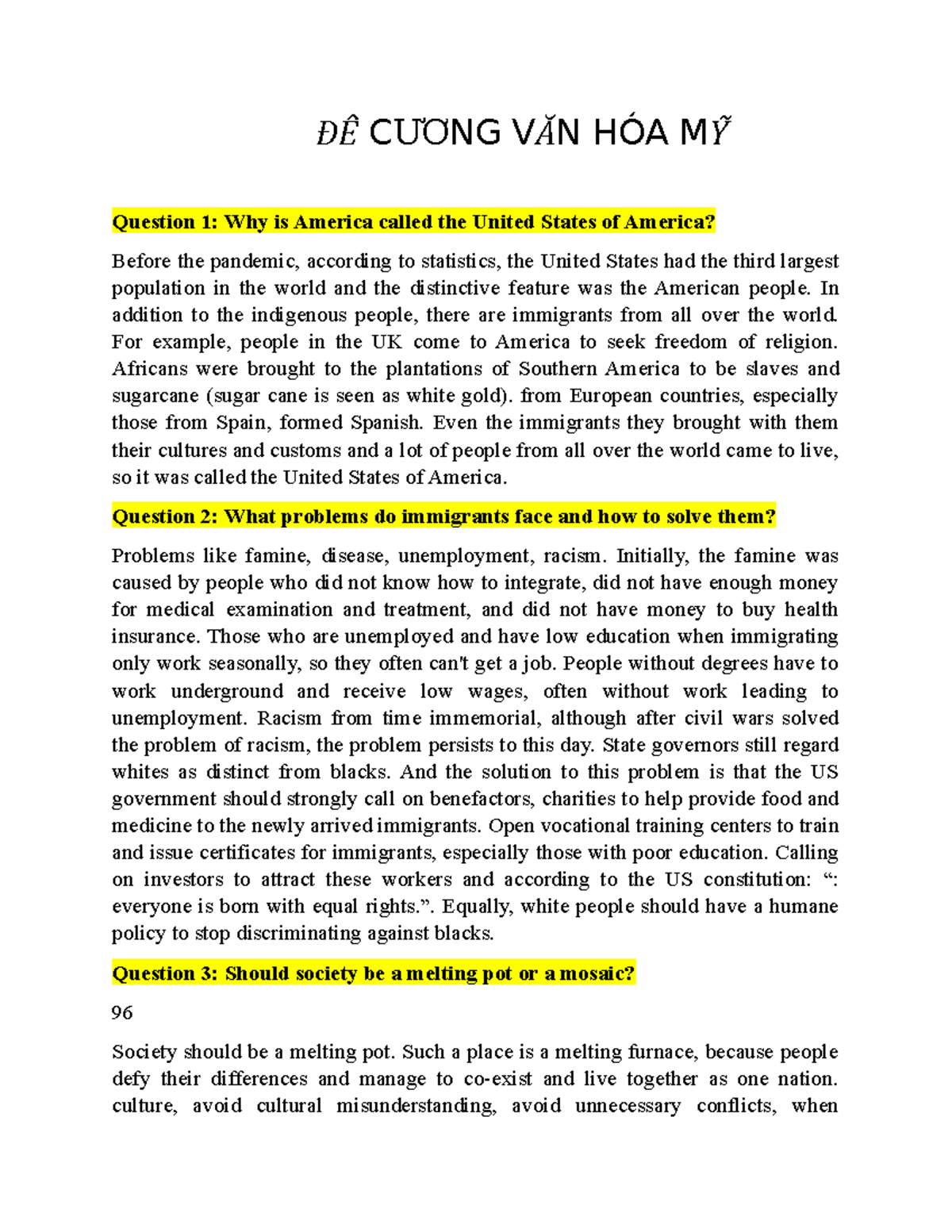 ĐỀ CƯƠNG VĂN HÓA MỸ - CÂU HỎI THI KẾT THÚC HỌC PHẦN 101 - Document Preview