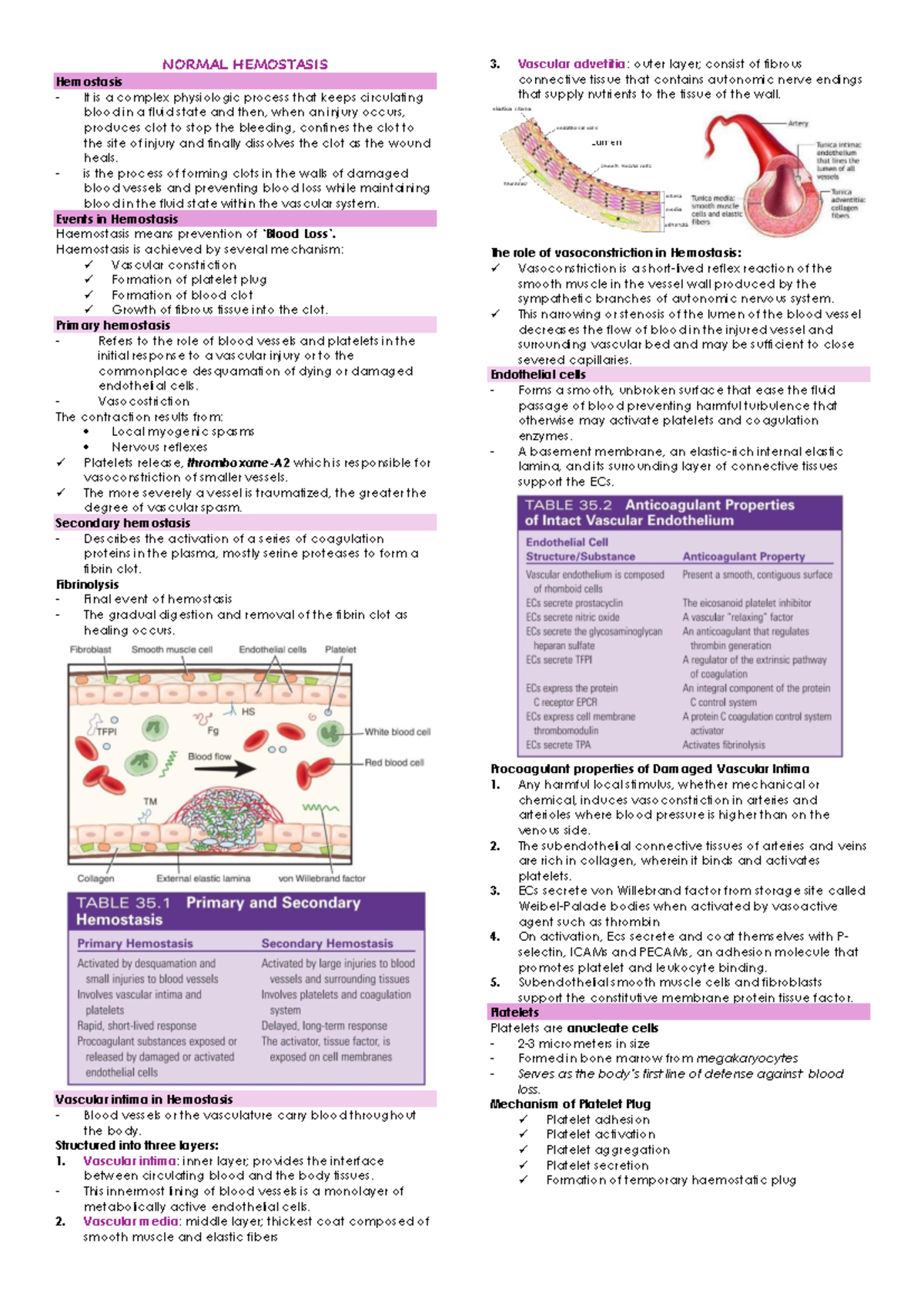 Normal Hemostasis: Mechanisms and Processes in Hema2 - Studocu